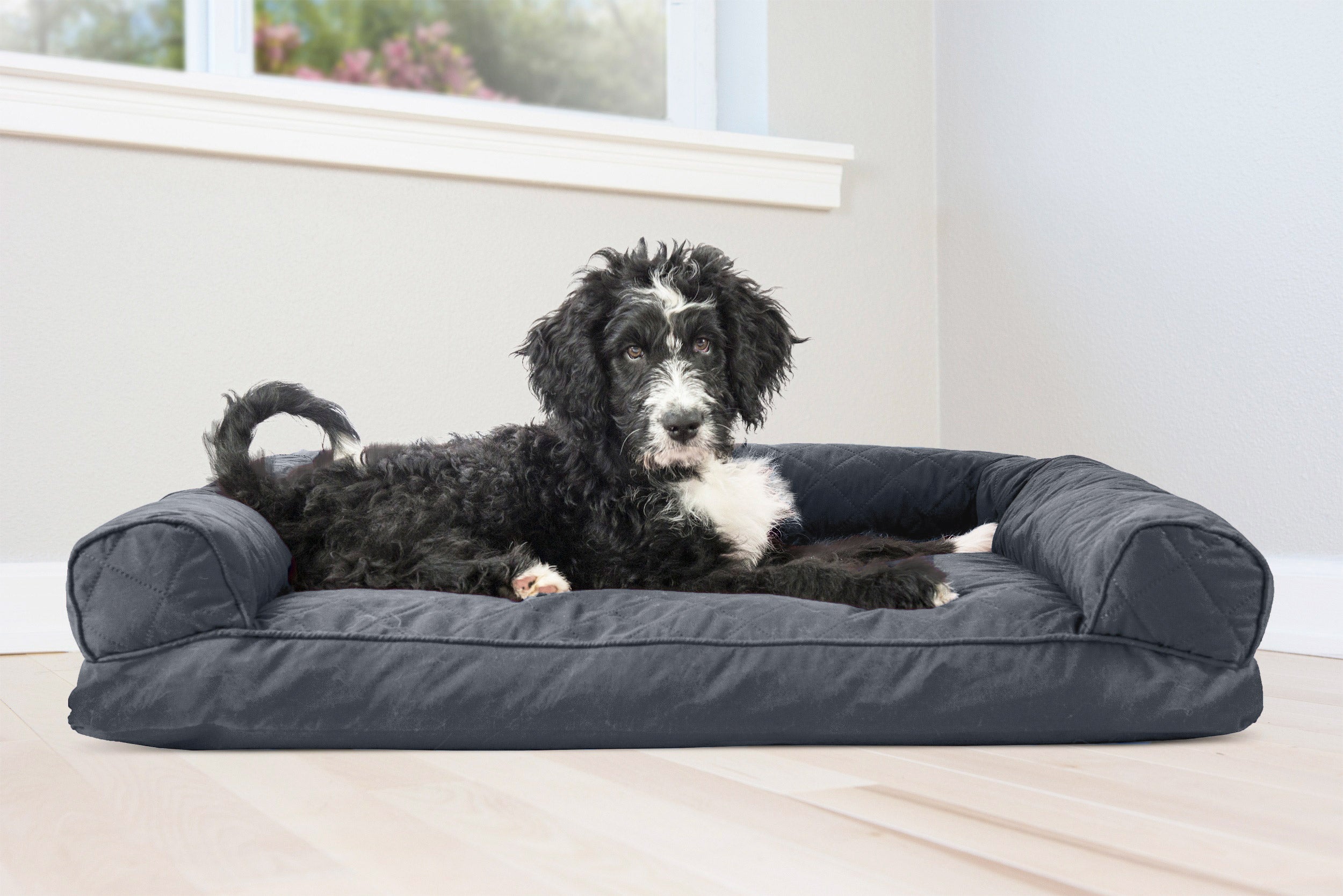 FurHaven | Quilted Pillow Sofa Pet Bed for Dogs and Cats， Iron Gray， Large