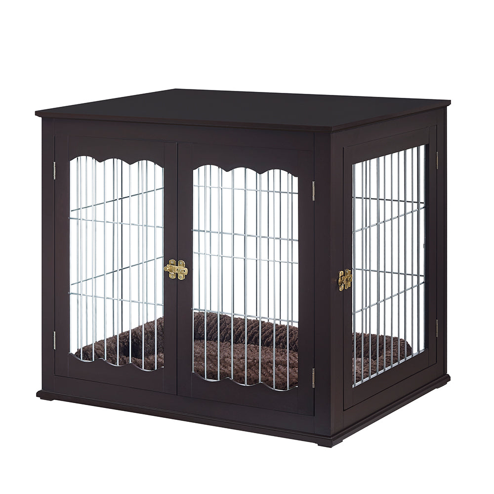 Unipaws Pet Crate Dog Bed End Table with Cushion， Wooden Wire Dog Kennels with Double Doors， Modern Design Dog House， Big Crate Indoor Use， Espresso