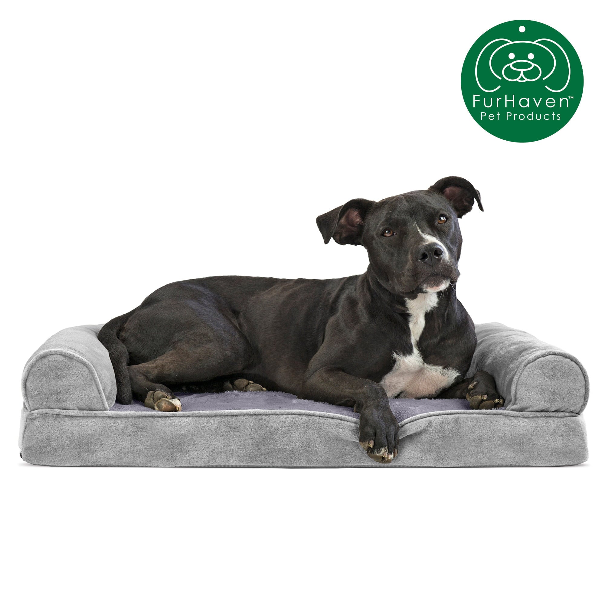 FurHaven Pet Products | Memory Foam Faux Fur and Velvet Sofa Pet Bed for Dogs and Cats - Smoke Gray， Medium
