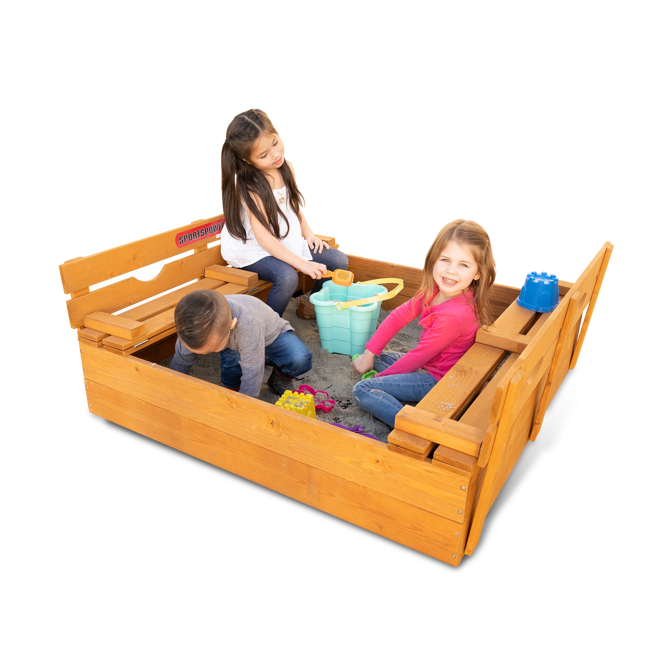 Sportspower 4.2’ x 4’ Rectangular Sandbox with 2 Wooden Bench and Ground Liner
