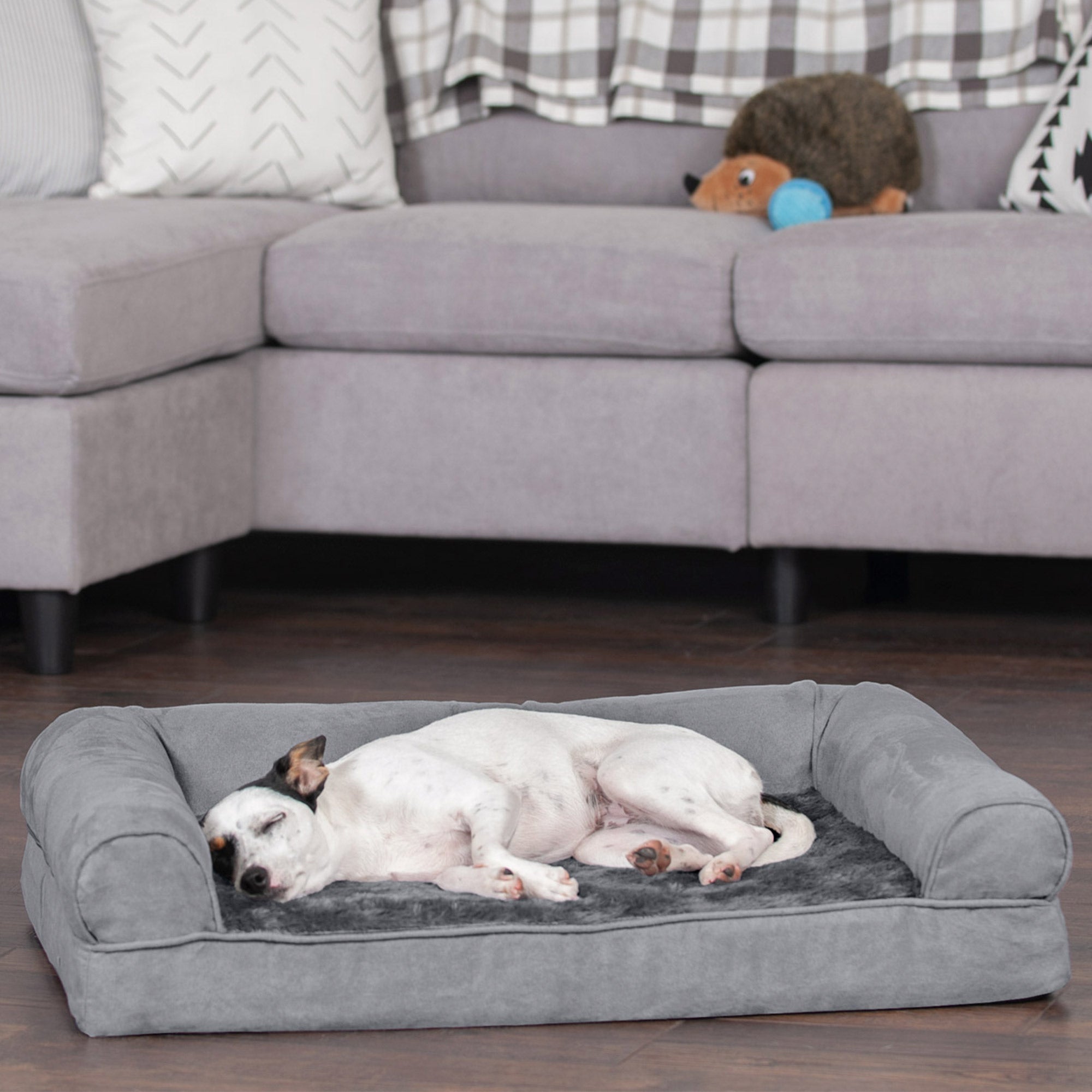 FurHaven Pet Products | Full Support Orthopedic Plush and Suede Sofa-Style Pet Bed for Dogs and Cats， Gray， Medium