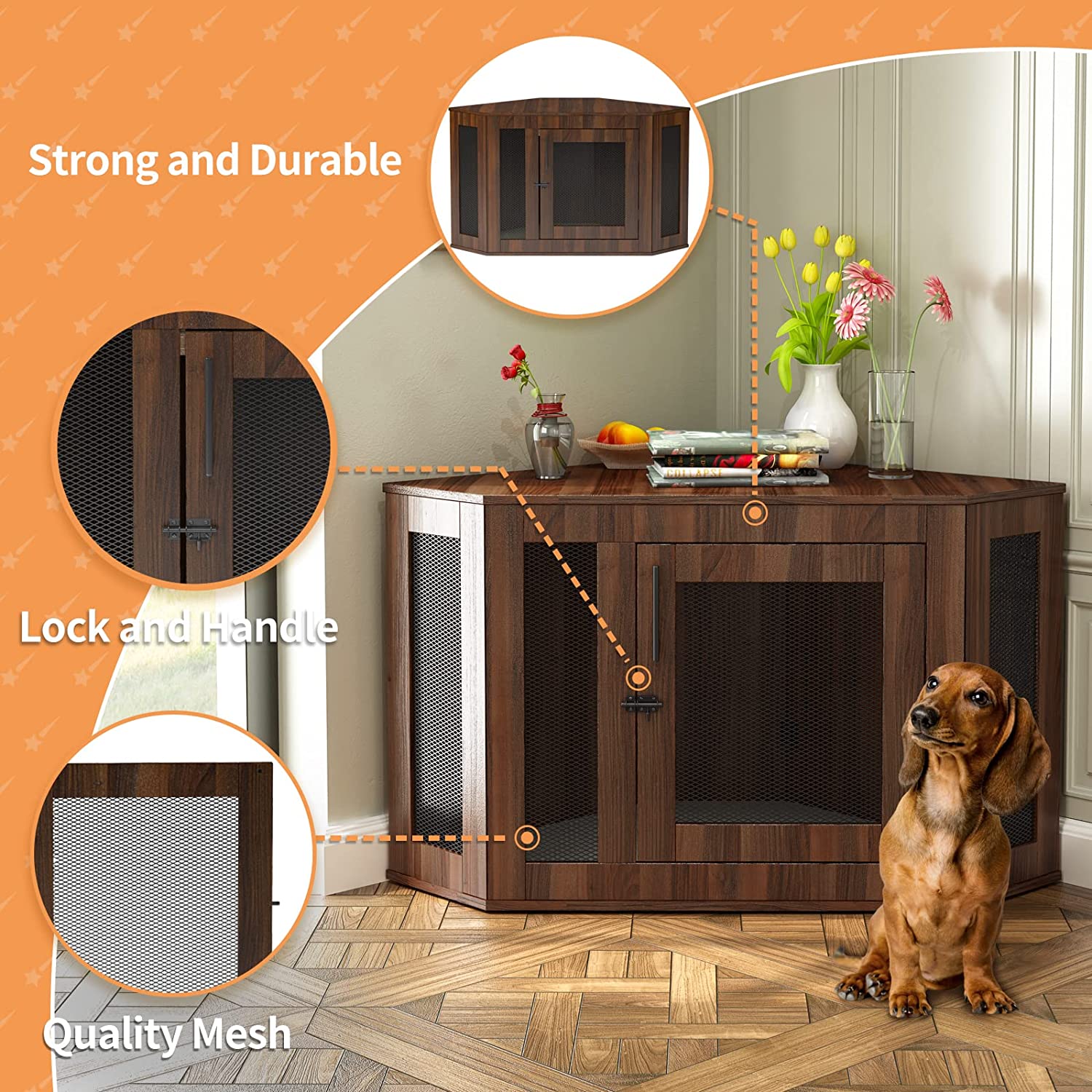 Dog Crates for Medium Dogs， Dog Crates Cage Kennel Furniture Indoor with Cushion and Lockable Doors， Wooden Corner Dog Crate for Small/Medium Dogs， Perfect for Limited Room (Walnut， Medium)