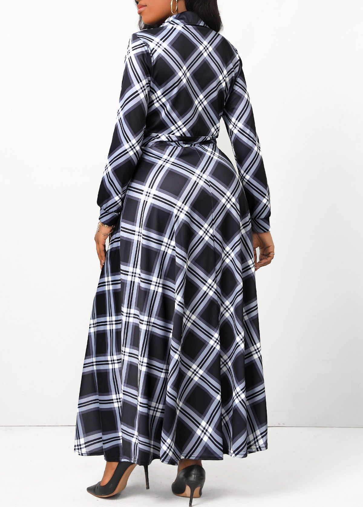 Plaid Button Black Shirt Collar Maxi Dress