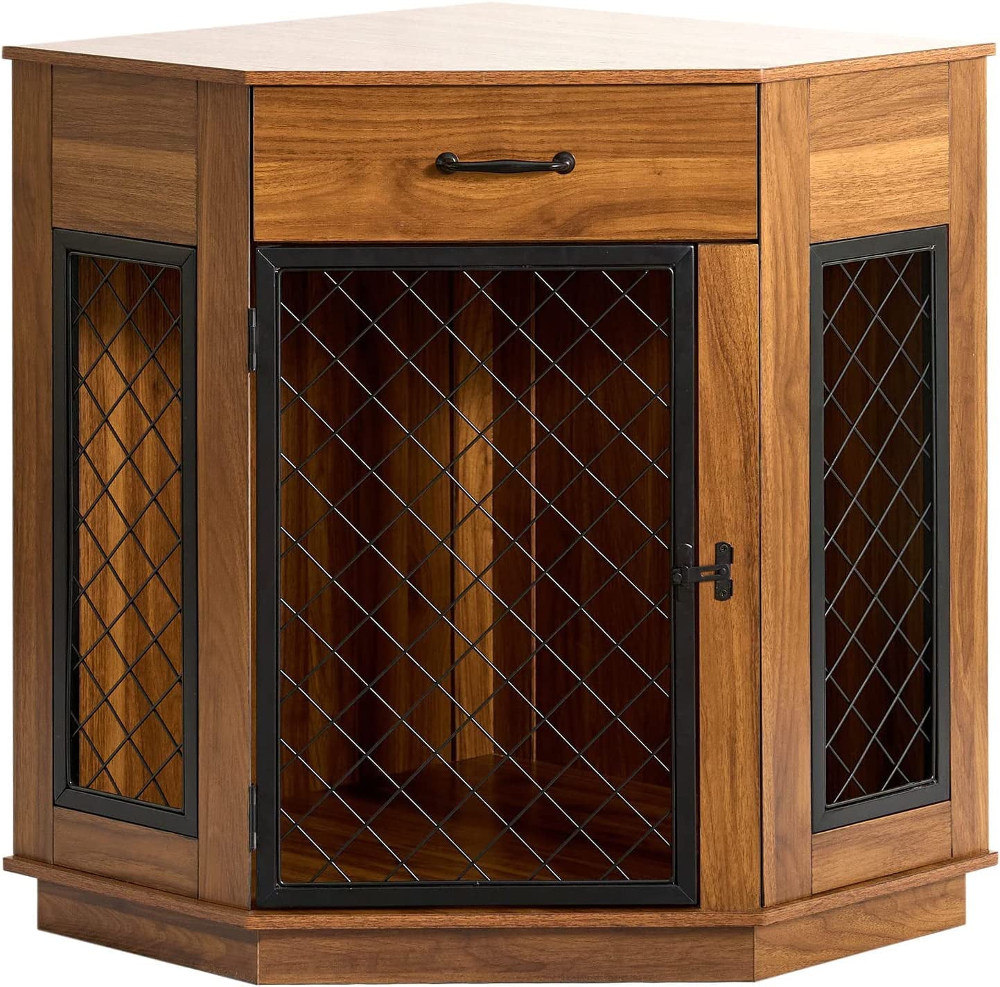 Soges Dog Crate Furniture with Drawer， Corner Kennel with Mesh Door， Wooden Dog House for Small/Medium Dog