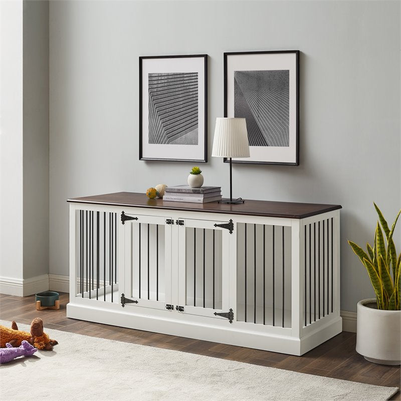 Bowery Hill Wood Medium Credenza Pet Crate in White/Brown Finish