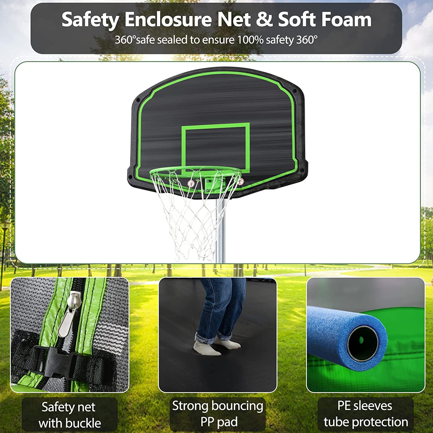 LISUEYNE 12ft Trampoline with Slide and Swing，Recreational Trampoline with Basketball Hoop and Ladder，Outdoor Fitness Trampoline for Kids Adults，1000 LBS Weight Capacity