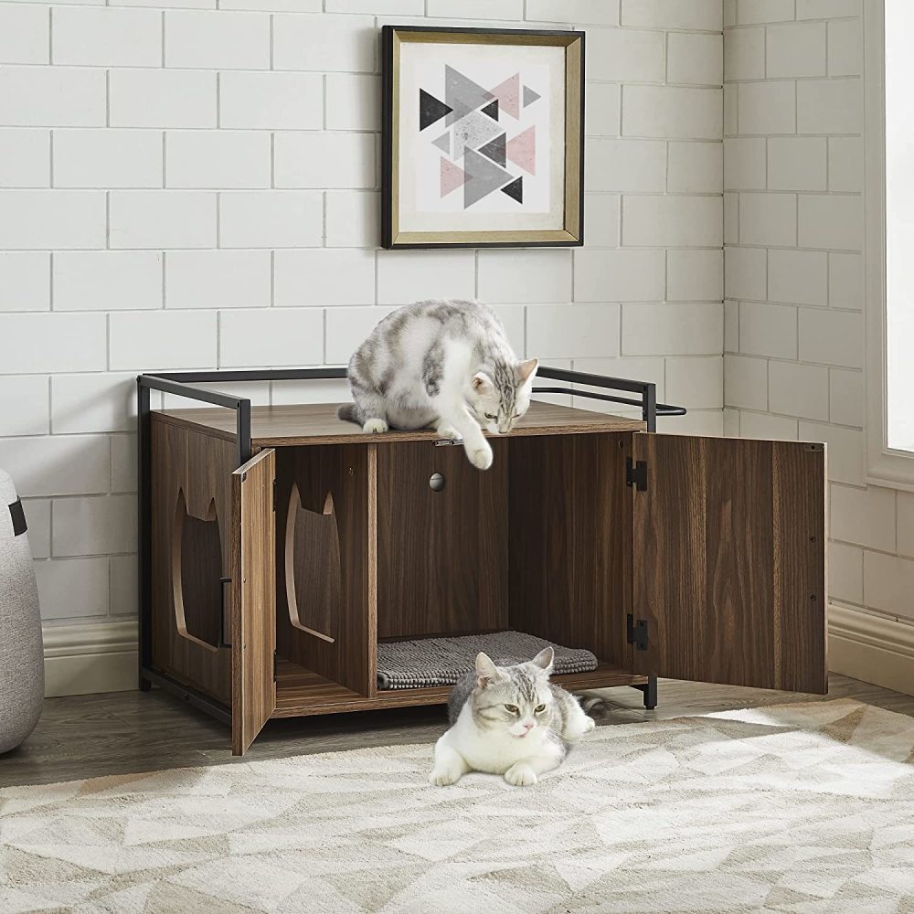 Penck Hidden Cat Litter Box Furniture with Ventilation and Bench Seat， Pet Crate with Iron and Wood Sturdy Structure