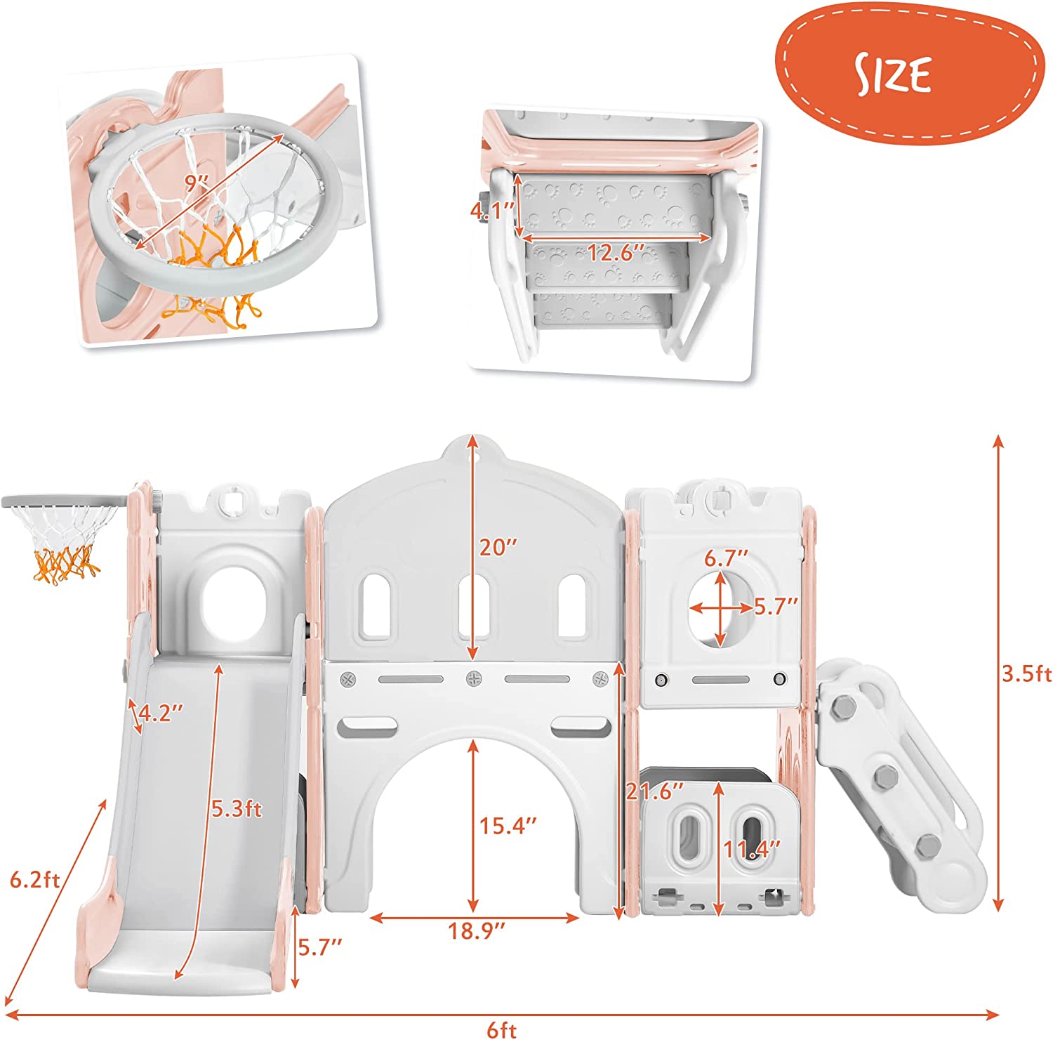 Track 7 Kids Slide 6-in-1，Kids Playground Slide with Climber，Basketball Hoop，Tunnel and Storage Space，Outdoor Indoor Slide Playset for Toddlers Age 1+，Pink