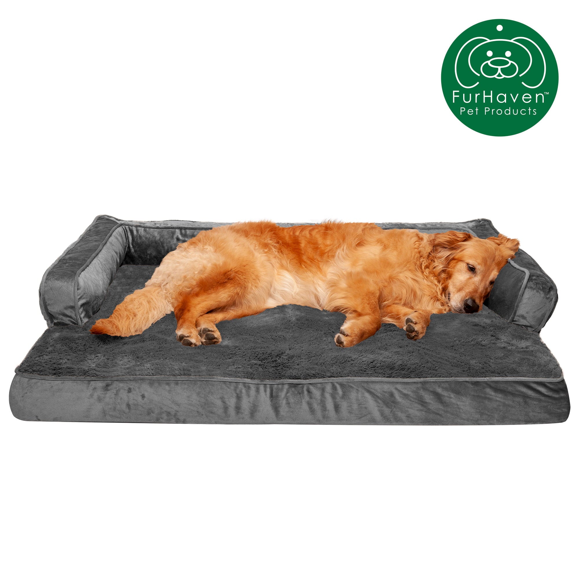 FurHaven Pet Products | Orthopedic Plush and Velvet Comfy Couch Sofa-Style Pet Bed for Dogs and Cats， Dark Gray， Jumbo