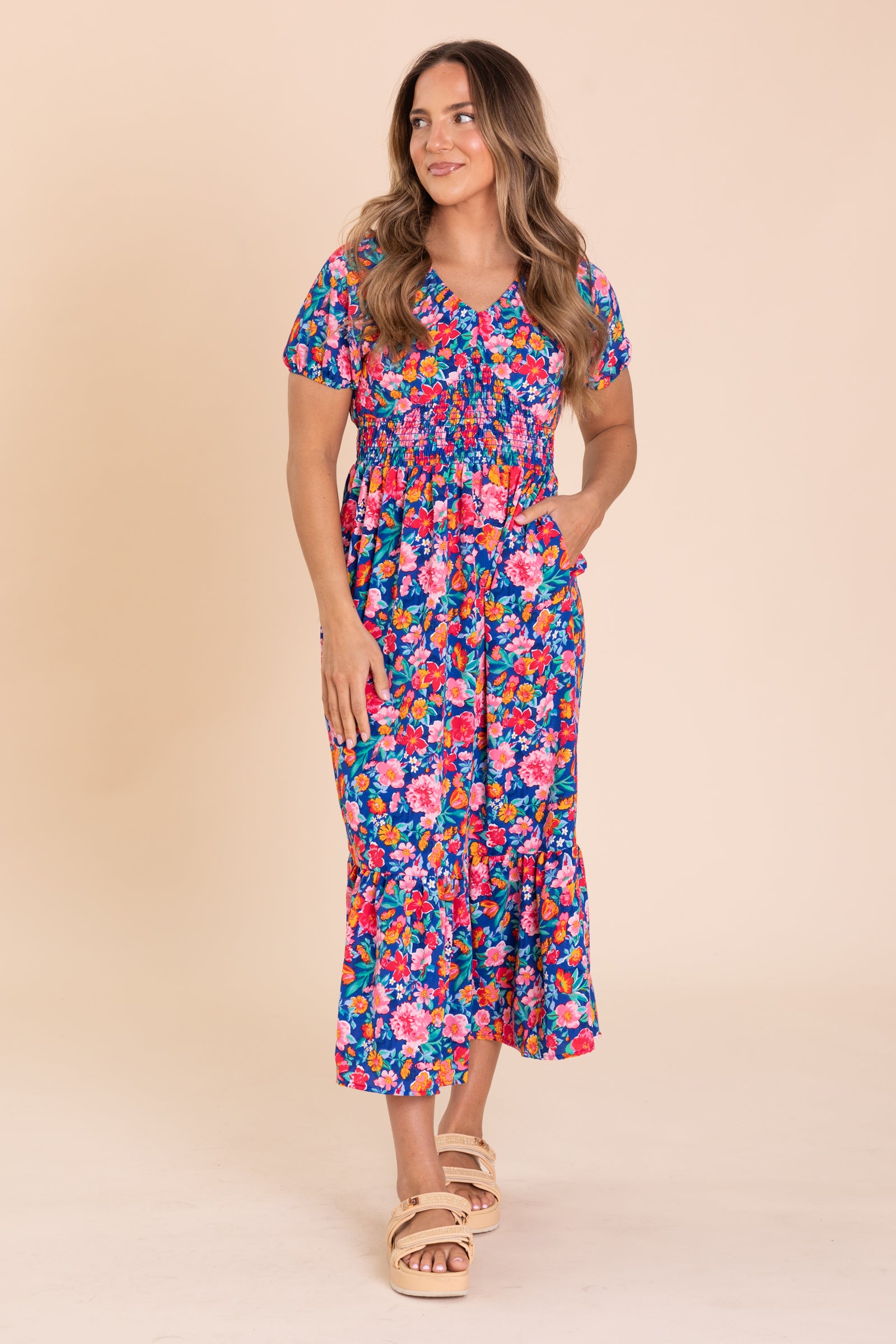 Navy And Wine Floral Smocked Maxi Dress