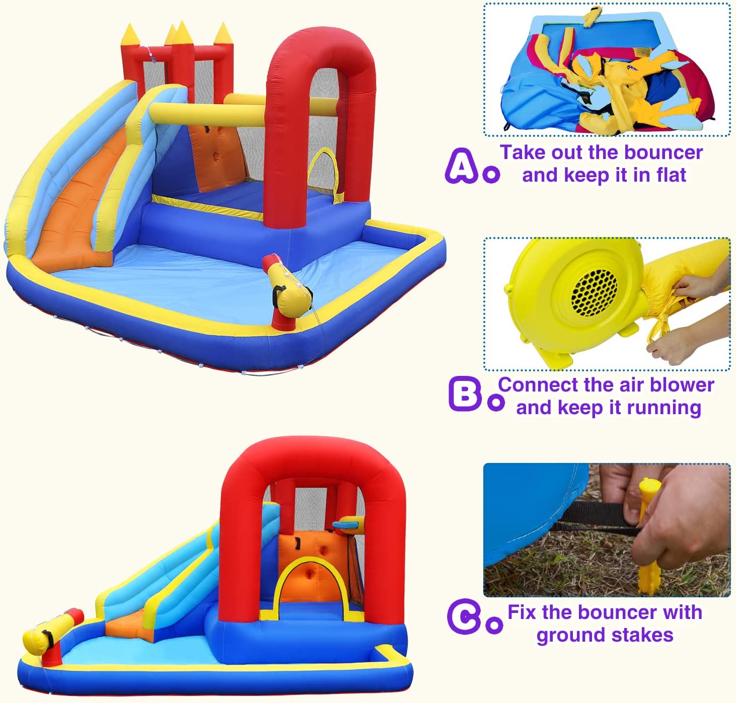 Track 7 Inflatable Water Slide for Kids，Inflatable Bounce House with Waterslide Park，Jumper Slide Playhouse with Splash Pool，Water Cannon，Climbing Wall，Air Blower，Jumping Bouncer for Backyard Outdoor