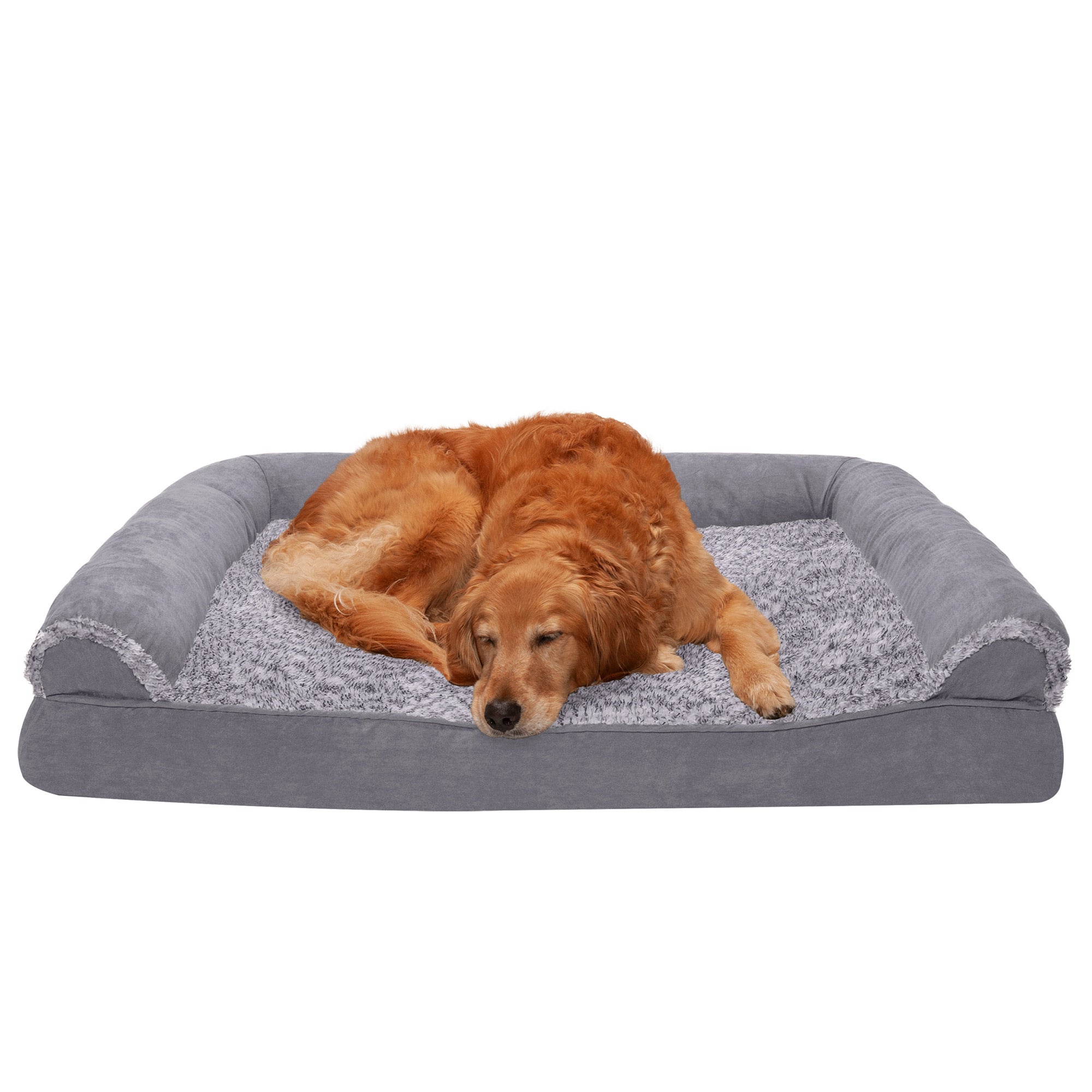 FurHaven Pet Products | Cooling Gel Memory Foam Orthopedic Two-Tone Faux Fur and Suede Sofa-Style Couch Pet Bed for Dogs and Cats， Stone Gray， Jumbo