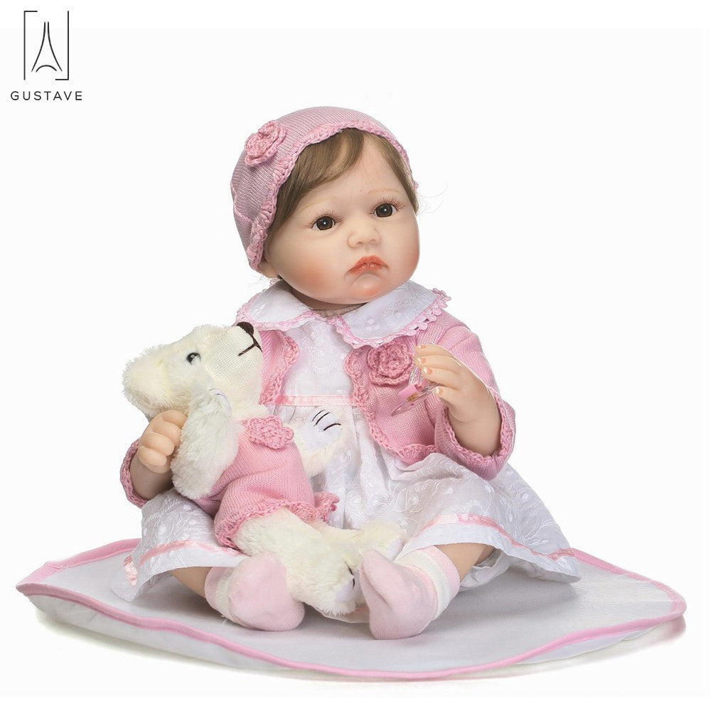 Gustave Realistic Reborn Baby Doll Girl Newborn Baby Silicone Vinyl 22" Handmade Weighted Body Pink Outfit Gift Set