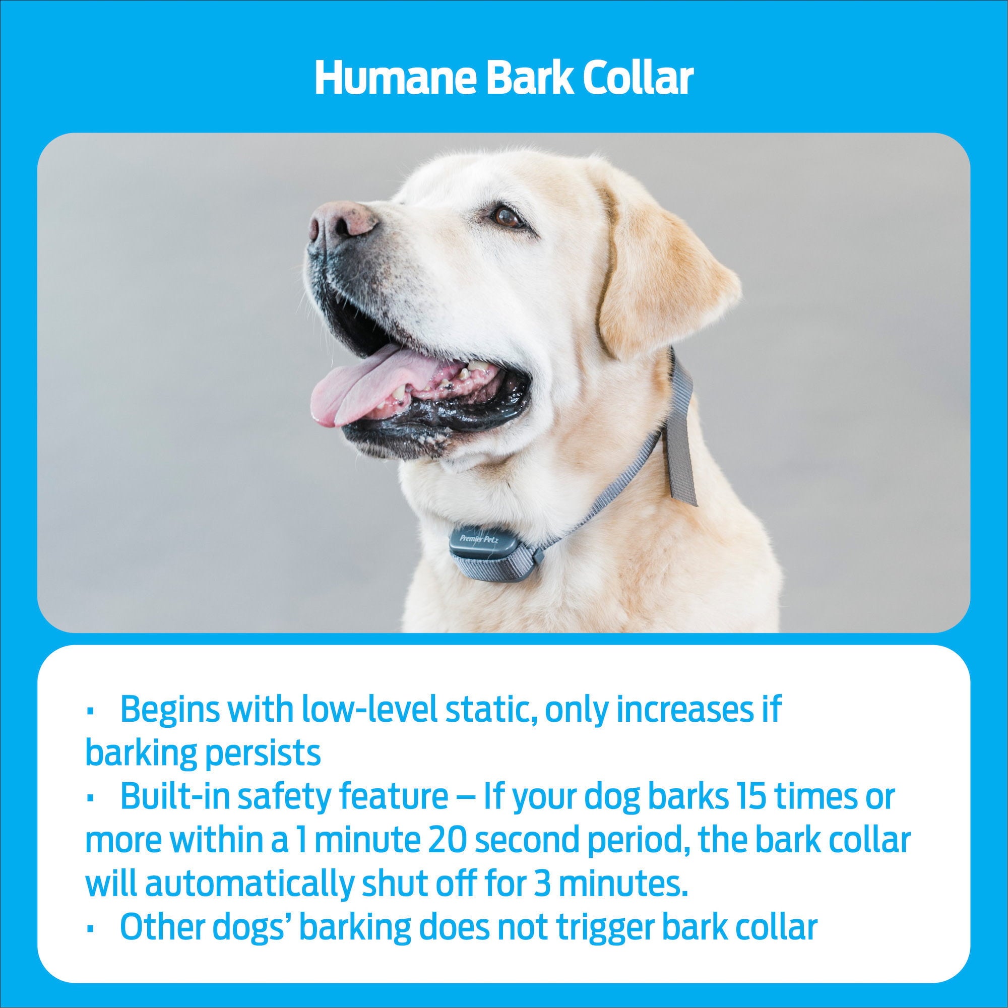 Premier Pet Rechargeable Bark Collar: Discourages Barking and Whining for All Size Dogs， Rechargeable， Adjustable， Waterproof， Gentle Static Correction， Low Battery Indicator， No Programming Required