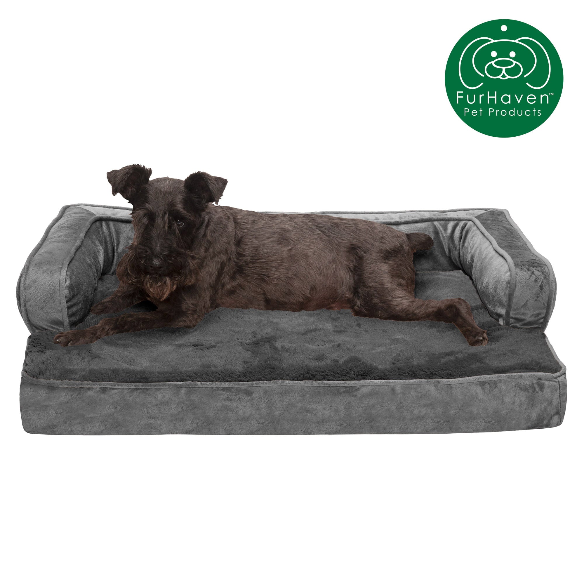 FurHaven Pet Products | Orthopedic Plush and Velvet Comfy Couch Sofa-Style Pet Bed for Dogs and Cats， Dark Gray， Medium