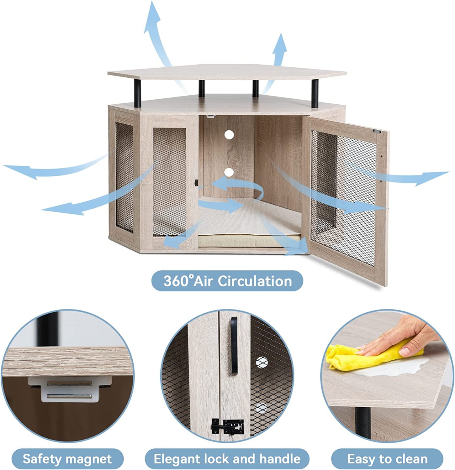 Kfvigoho Corner Dog Crate with Cushion， Dog House， Dog Crate Indoor Use， Modern Dog Kennel with Wooden and Wire Mesh， Large Pet House with Multiple Function Perfect for Limited Room， Apartment