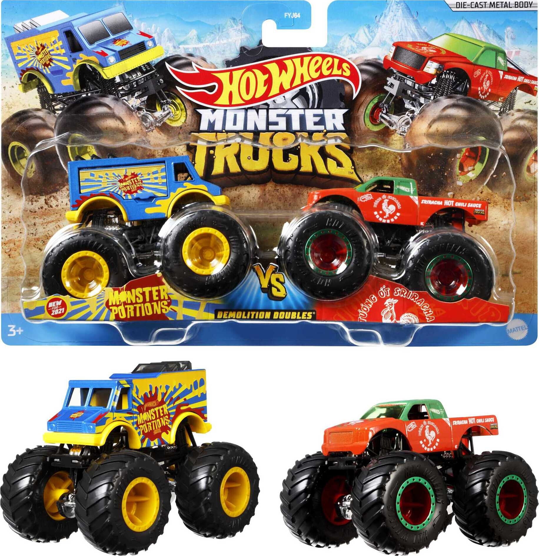 Hot Wheels Monster Trucks Demolition Doubles， Set of 2 Toy Trucks (Styles May Vary)