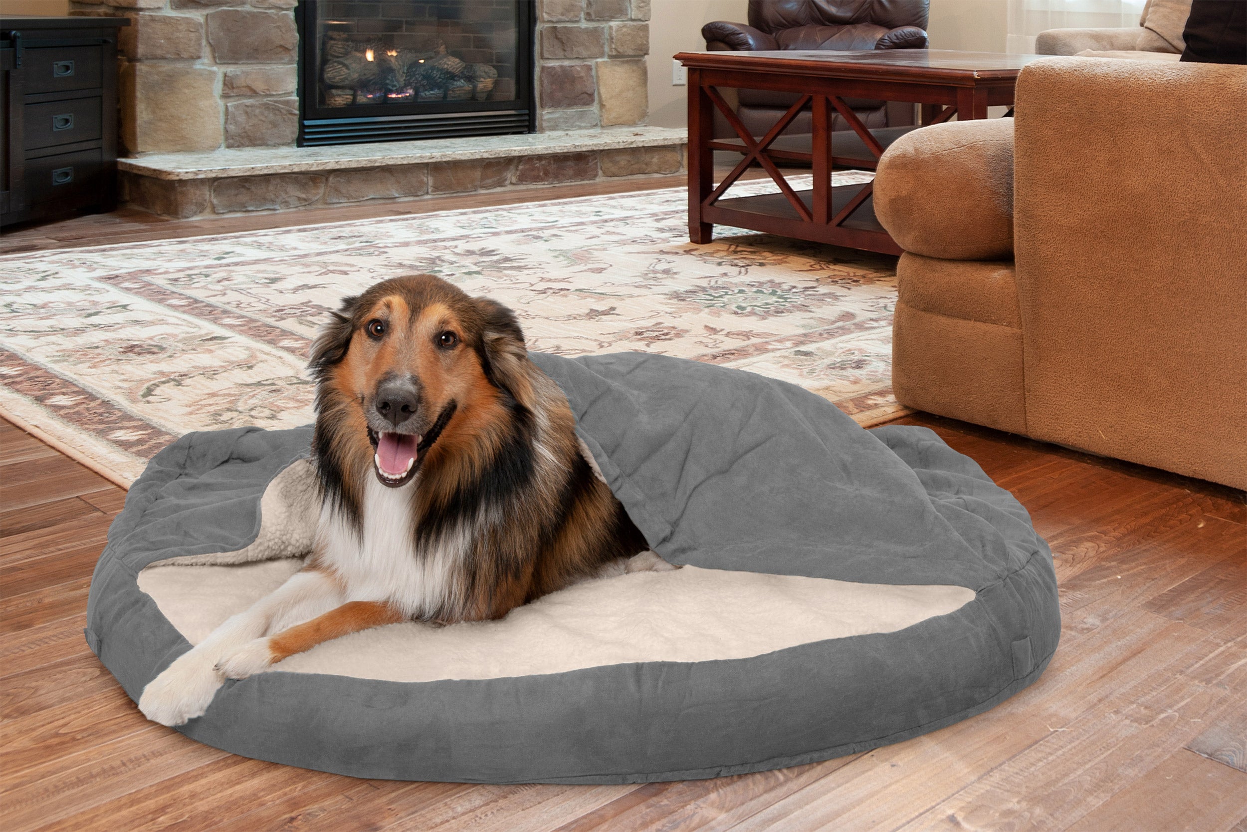 FurHaven | Cooling Gel Faux Sheepskin Snuggery Pet Bed for Dogs and Cats， Gray， 44-Inch