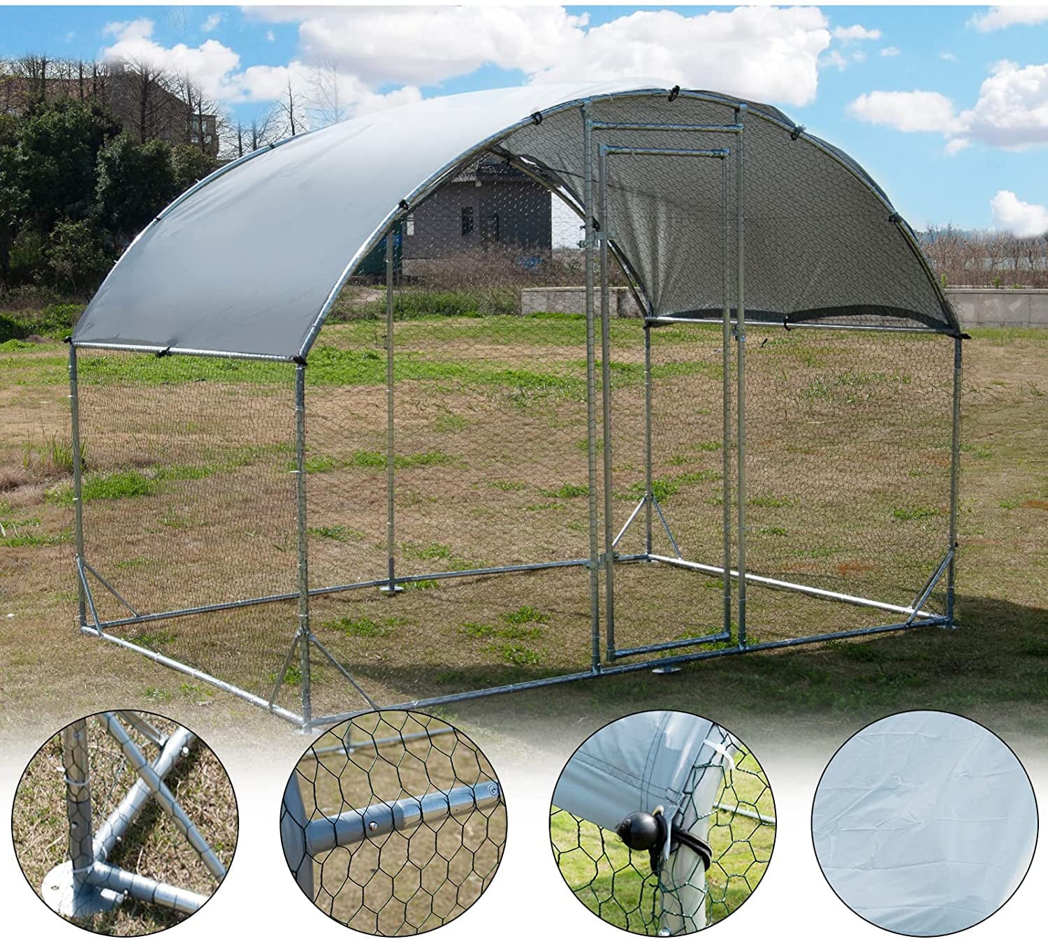 Polar Aurora Large Metal Chicken Coop， Walk-in Poultry Cage Galvanized Dome Shaped Coop 9.2 ft x 6.2 ft