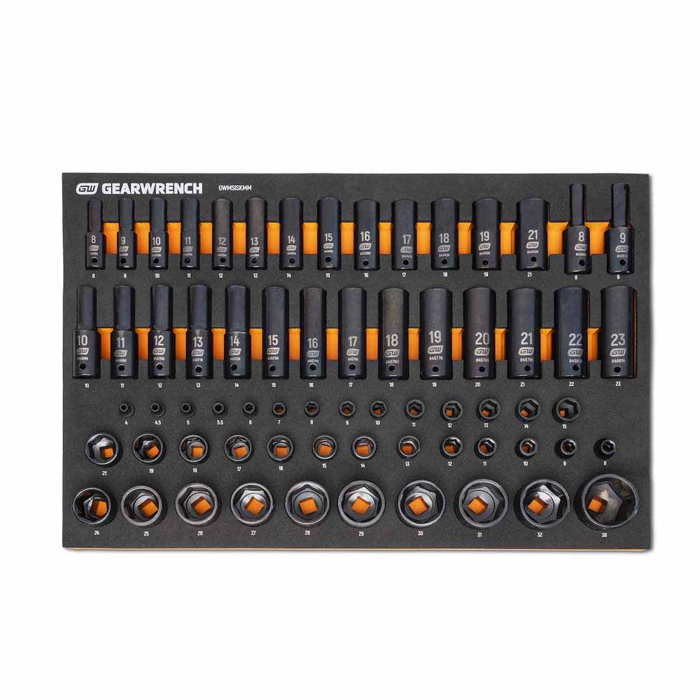 GearWrench MEGAMOD358 - Jogo de ferramentas mecânicas métricas MEGAMOD com 358 peças, acondicionadas em bandejas modulares de espuma com armário sobre rodas.