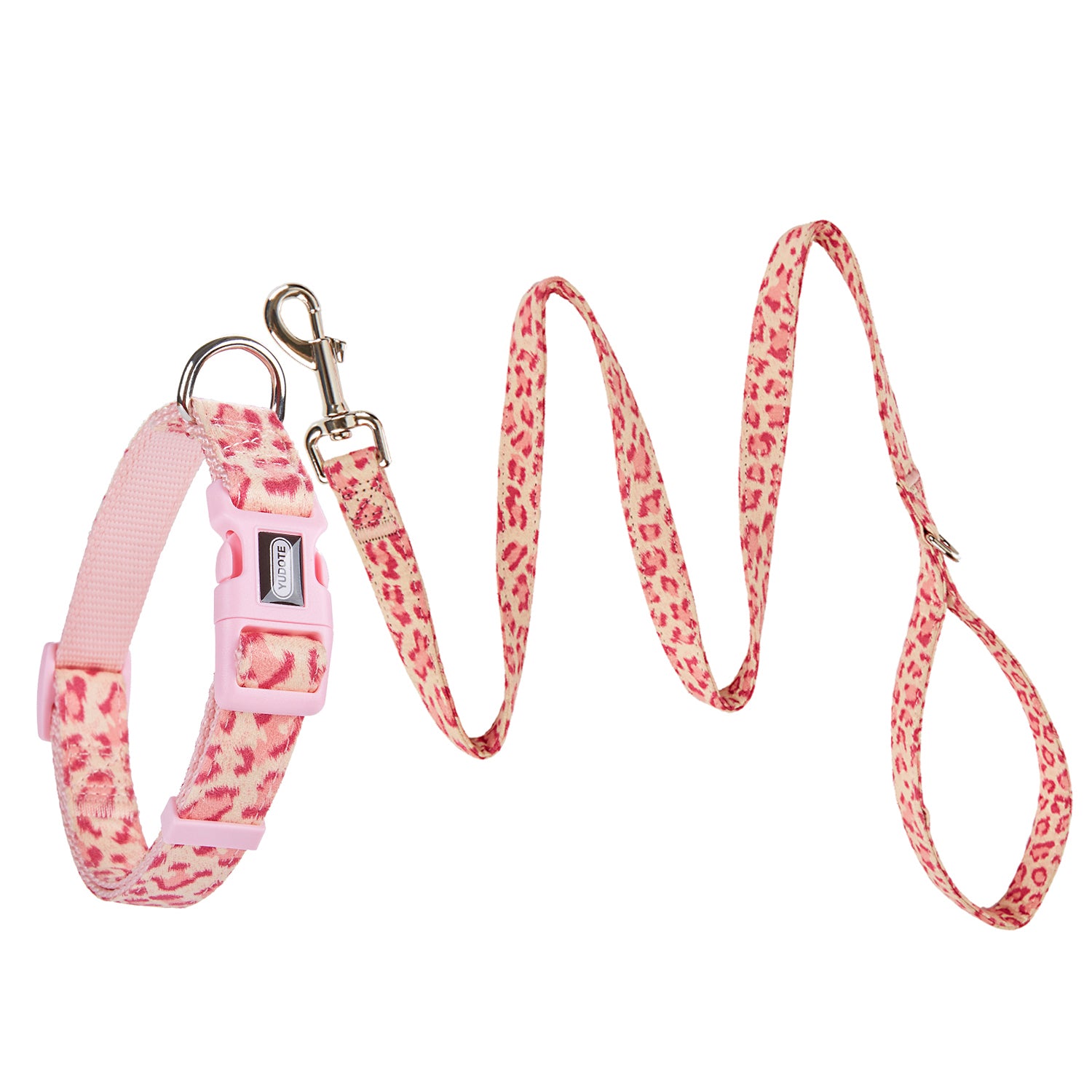 YUDOTE Funky Dog Collar and Leash Set Small Soft Strong Coller Lead Combo with Premium Flocking Fabric for Small Sized Breeds Daily Walking，Pink Leopard Pattern