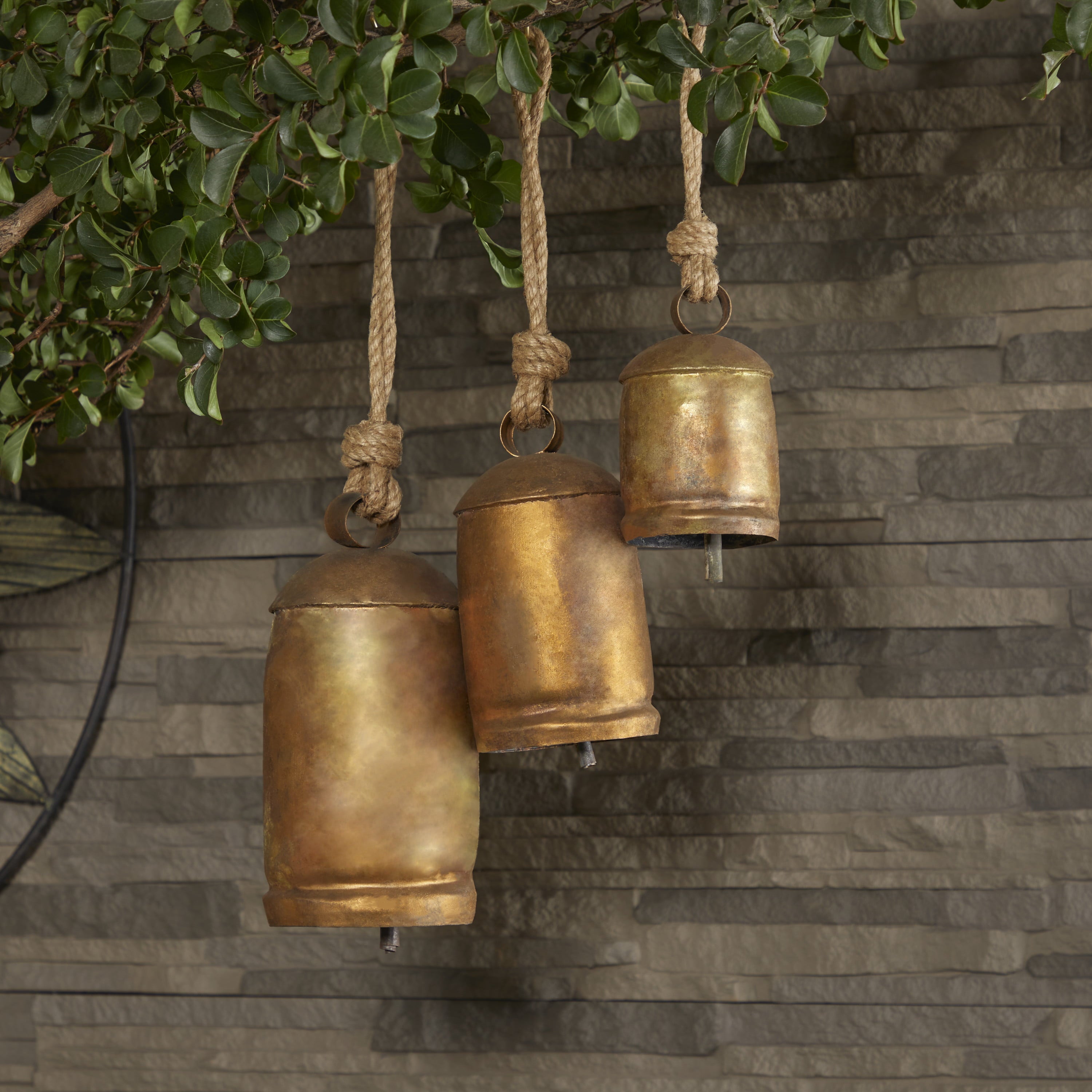 DecMode Gold Metal Tibetan Inspired Decorative Hanging Bell Chime Set of 3 5