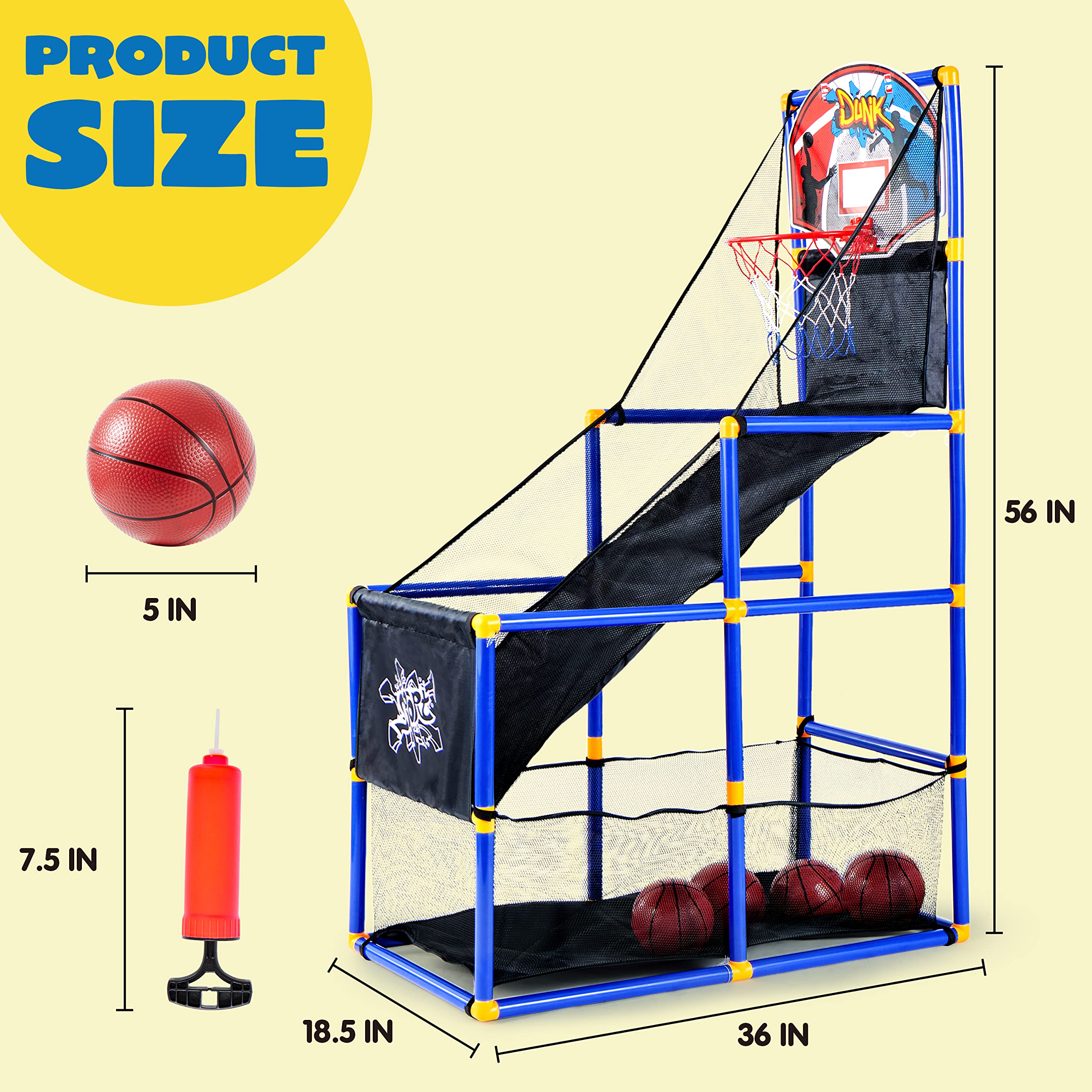 JOYIN Kids Arcade Basketball Game Set with 4 Balls and Hoop for Kids Indoor Outdoor Sport Play - Easy Set Up - Air Pump Included - Ideal for Games and Competition