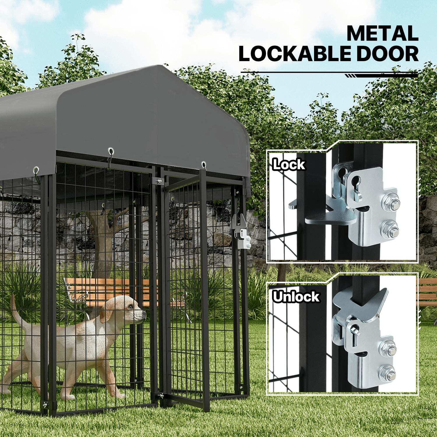 MoNiBloom 4ft x 4.25ft x 4.5ft Outdoor Dog Kennel with UV Protection Waterproof Cover and Roof， 8 Panels Welded Dog Pen Dog Playpen Dog Enclosure for Medium Dogs