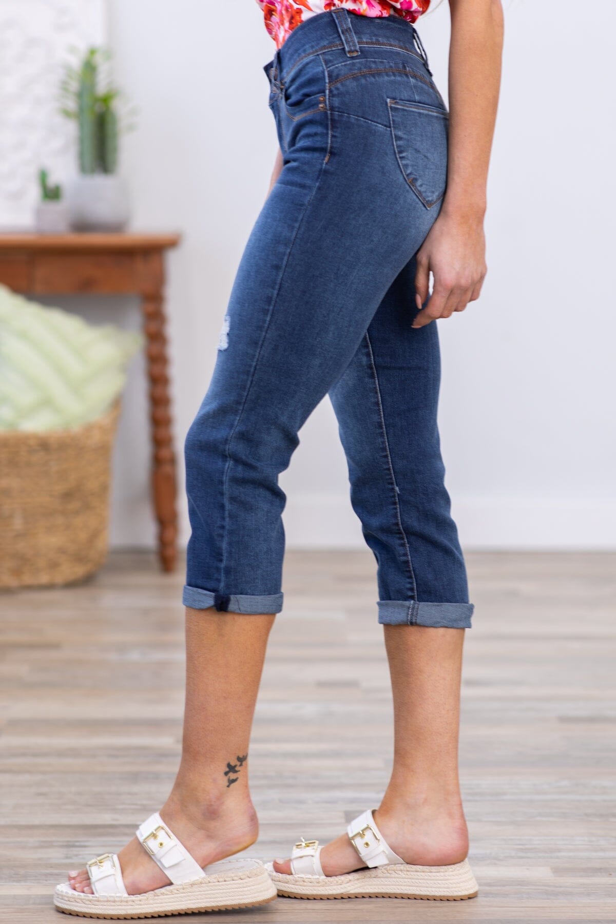 YMI Dark Wash High Rise Roll Cuff Capris