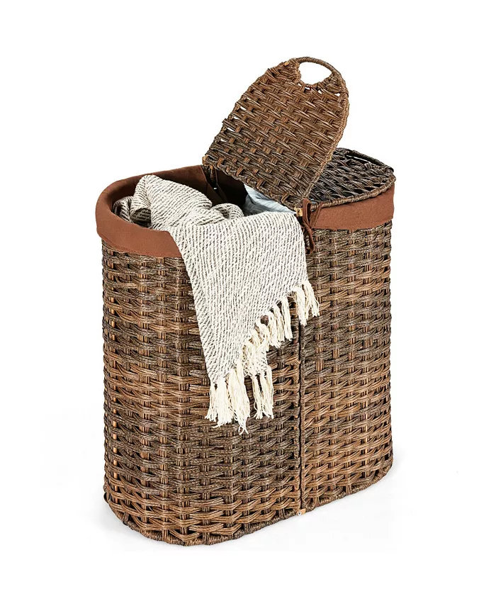 Costway Handwoven Laundry Hamper Laundry Basket w 2 Removable Liner Bags
