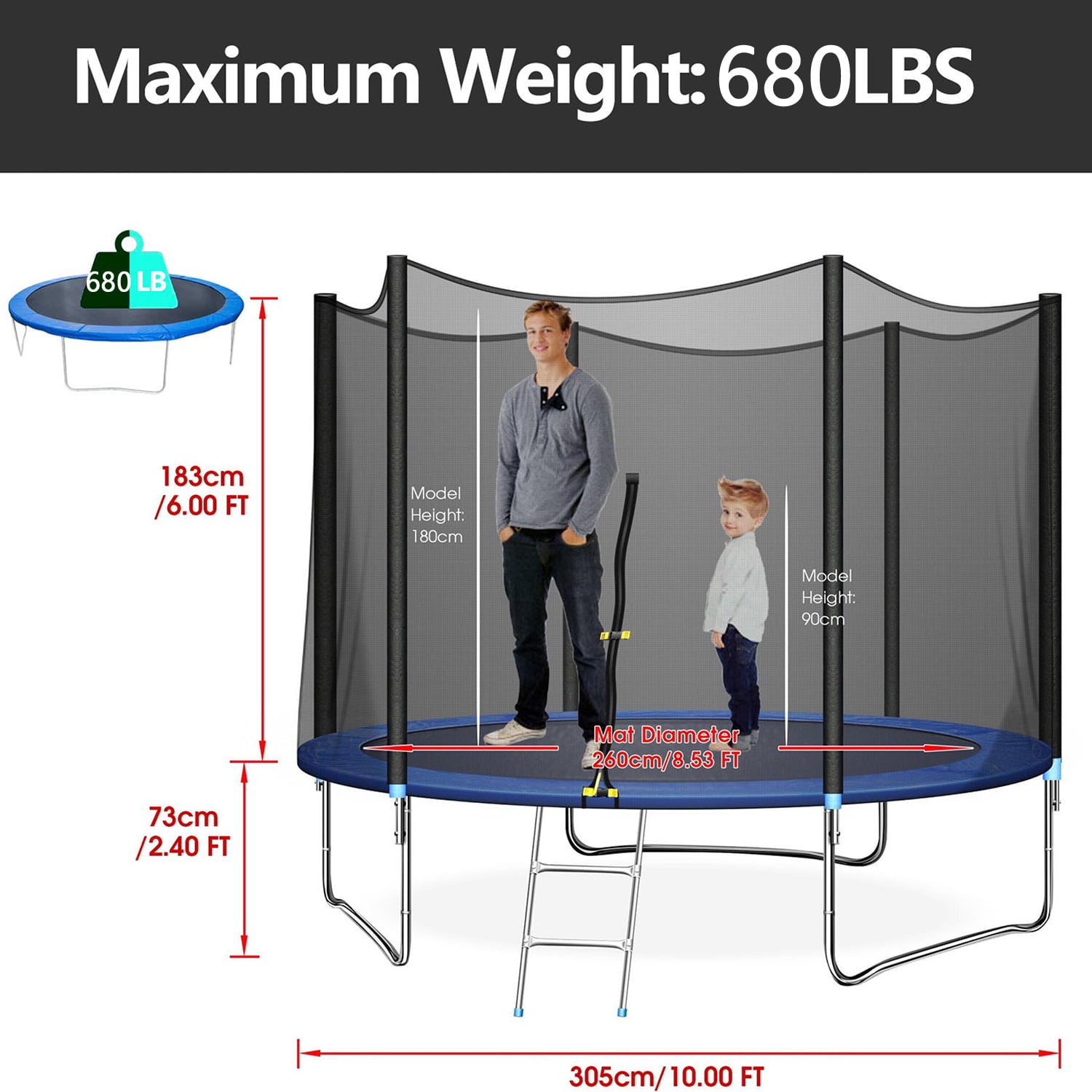 SKONYON 10 FT Trampoline with Safe Enclosure Net 680 lbs Outdoor Fitness Trampoline with Waterproof Jump Mat Ladder