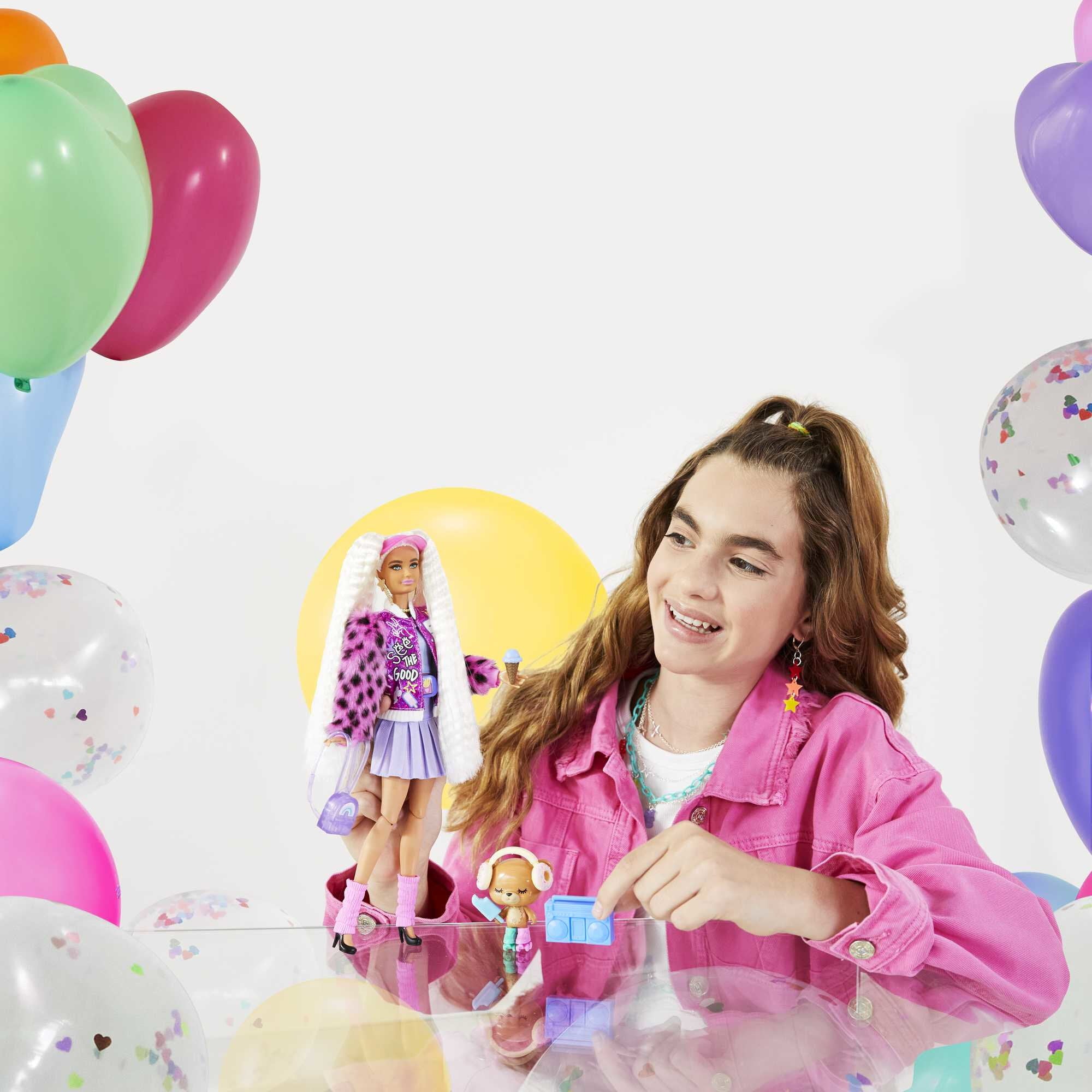 Barbie Extra Doll 8 In Varsity Jacket With Furry Arms and Pet Teddy Bear