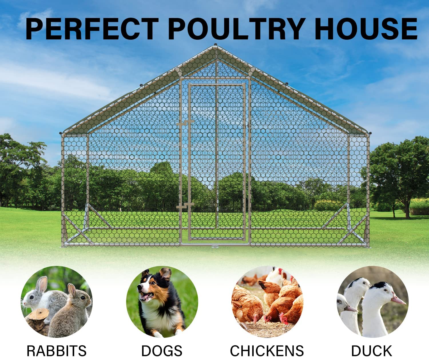 Chicken Coop Run Large Metal Chicken Pen For 6-8 Chicken， Walkin Chicken Run， Poultry Cage with Waterproof Cover for Backyard Farm