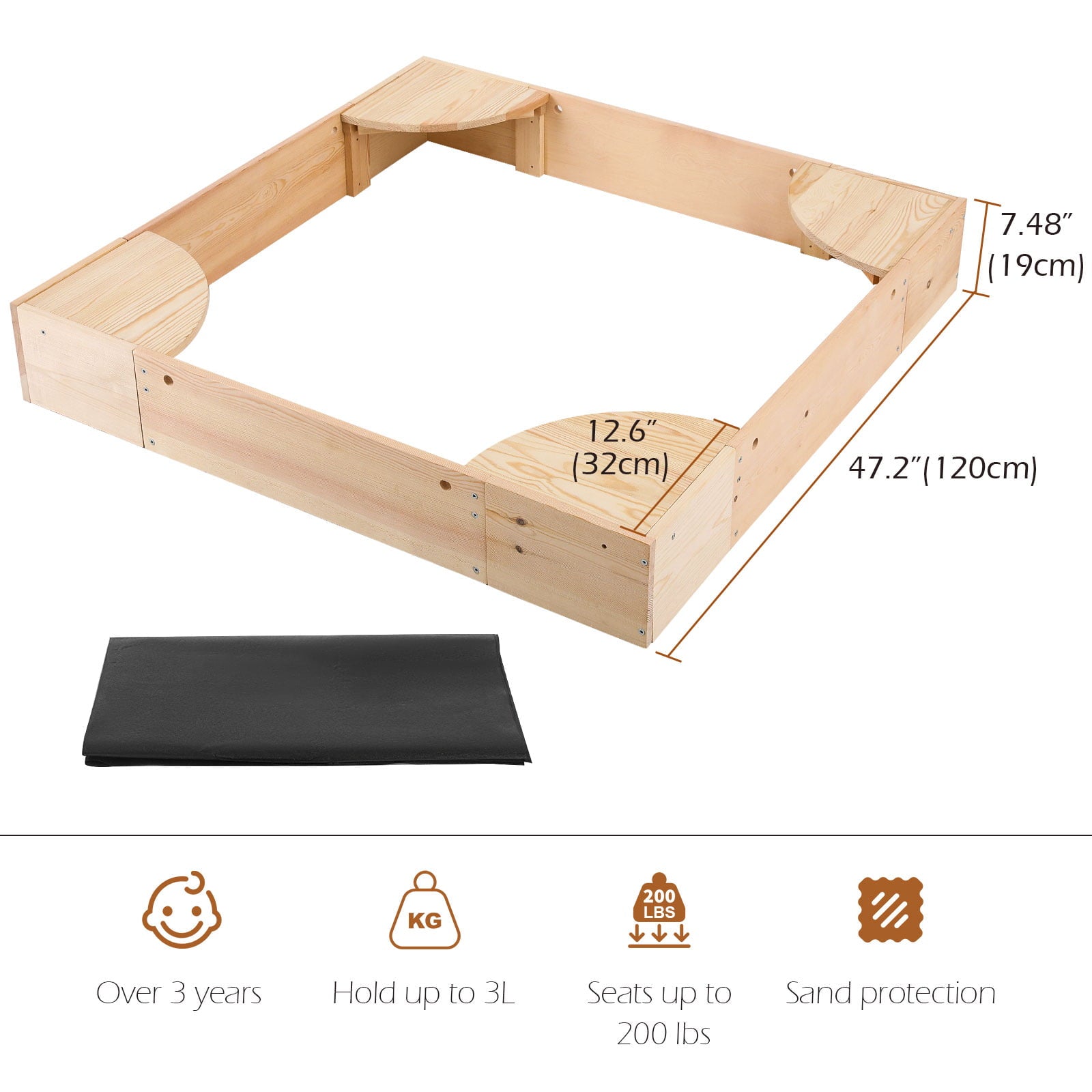 HEMBOR Wooden Outdoor Kids Sandbox with Built-in Corner Seats and Cover