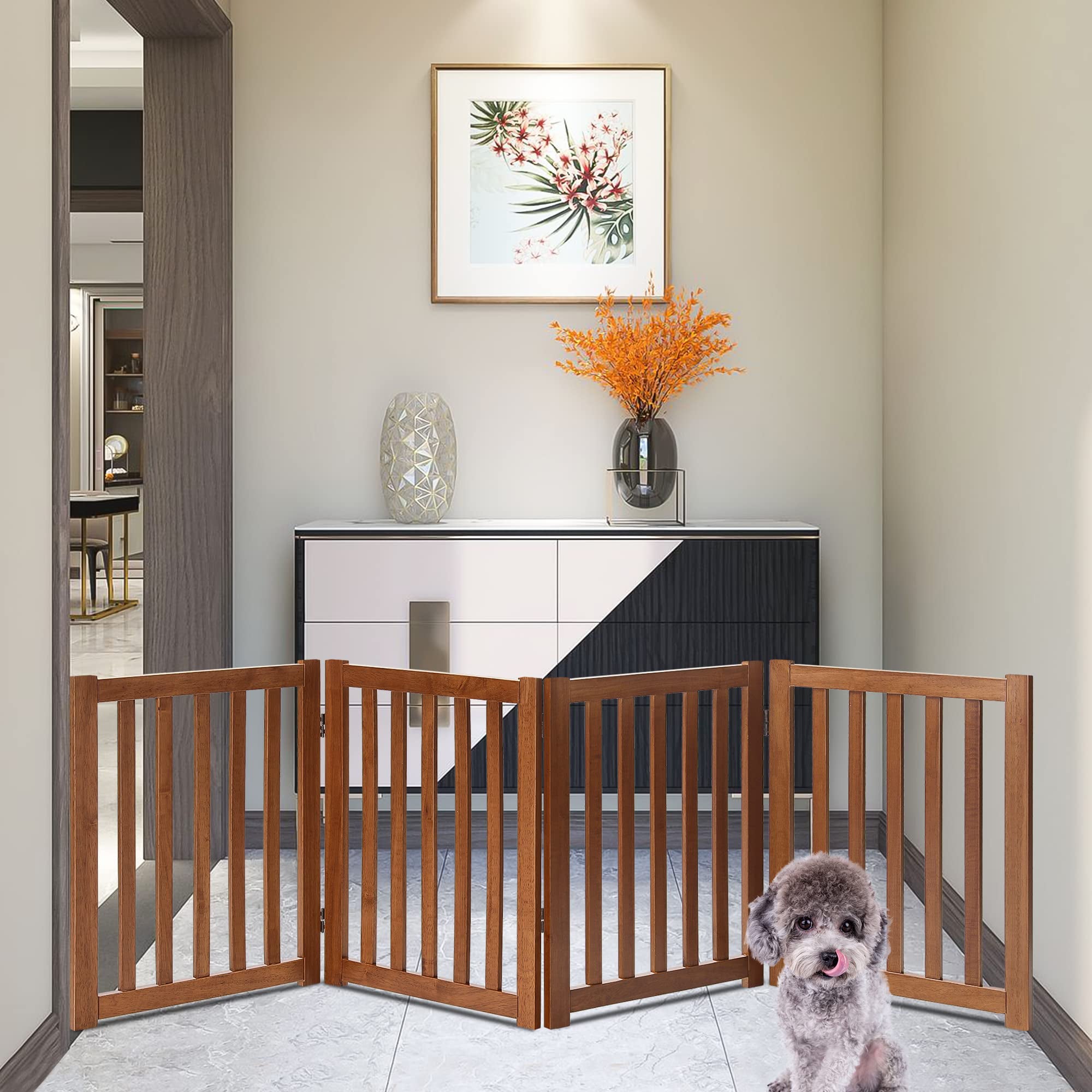 KAINSY Wood Freestanding Pet Gate， Home Traditional Pet Gate 4 Panel - 24 Inch Step Over Fence - Free Standing Folding Z Shape Indoor Doorway Hall Stairs Dog Puppy Gate