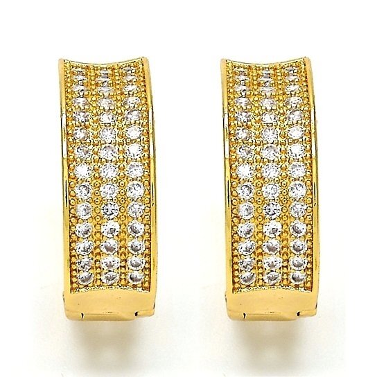 Gold Huggie Hoop， with White Micro Pave，3 Line， Polished Finish， Golden Tone