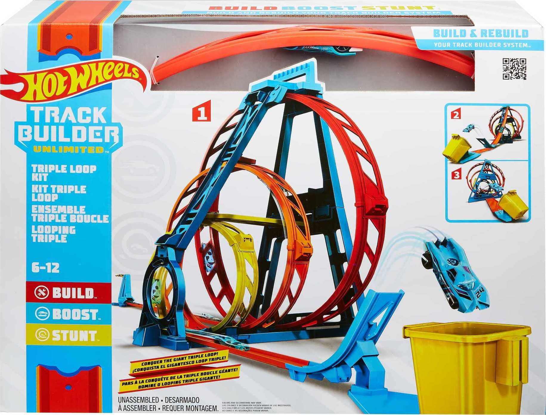 Hot Wheels Track Builder Triple Loop Stunt Playset， 1:64 Scale Vehicles
