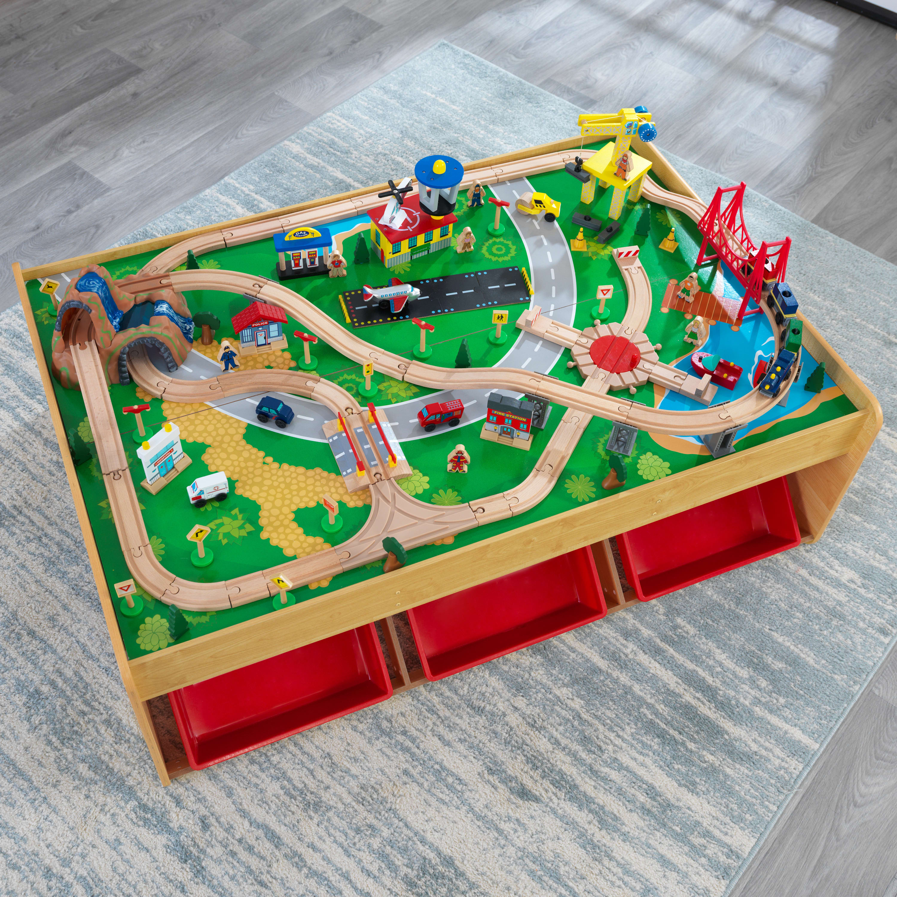 KidKraft Waterfall Mountain Wooden Train Set and Table with 120 Pieces， 3 Storage Bins