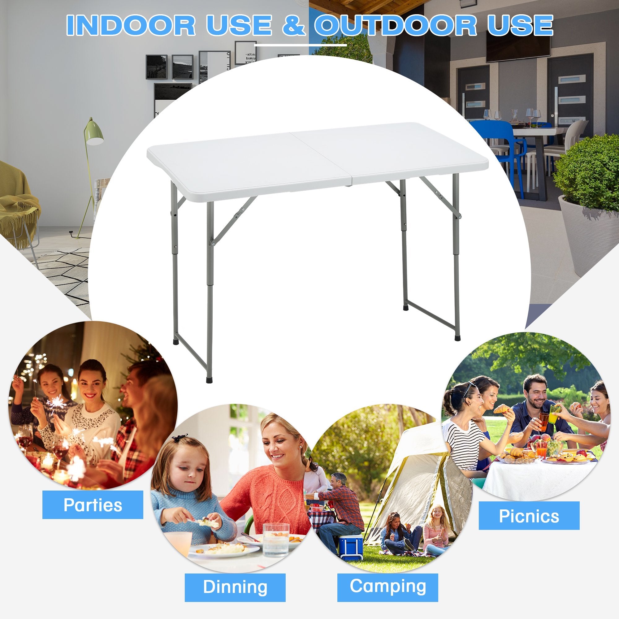 Yoleny Patio Folding Card Table， Portable Picnic Table Plastic with Strong Handle Design， Folding Mesas Rectangle Camping Table， White