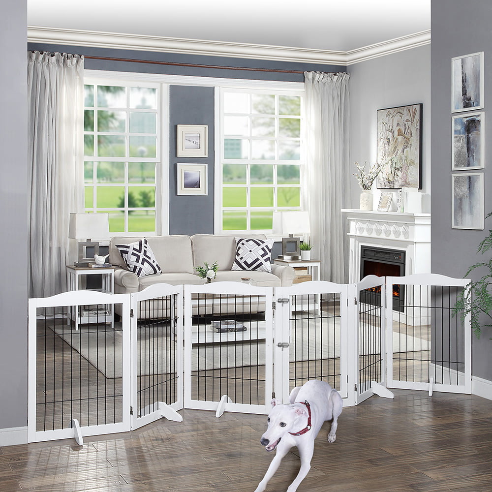 Unipaws Pet Gate Extra Wide， Freestanding Pet Playpen 6 Panels， Dog Gate with Wire， White