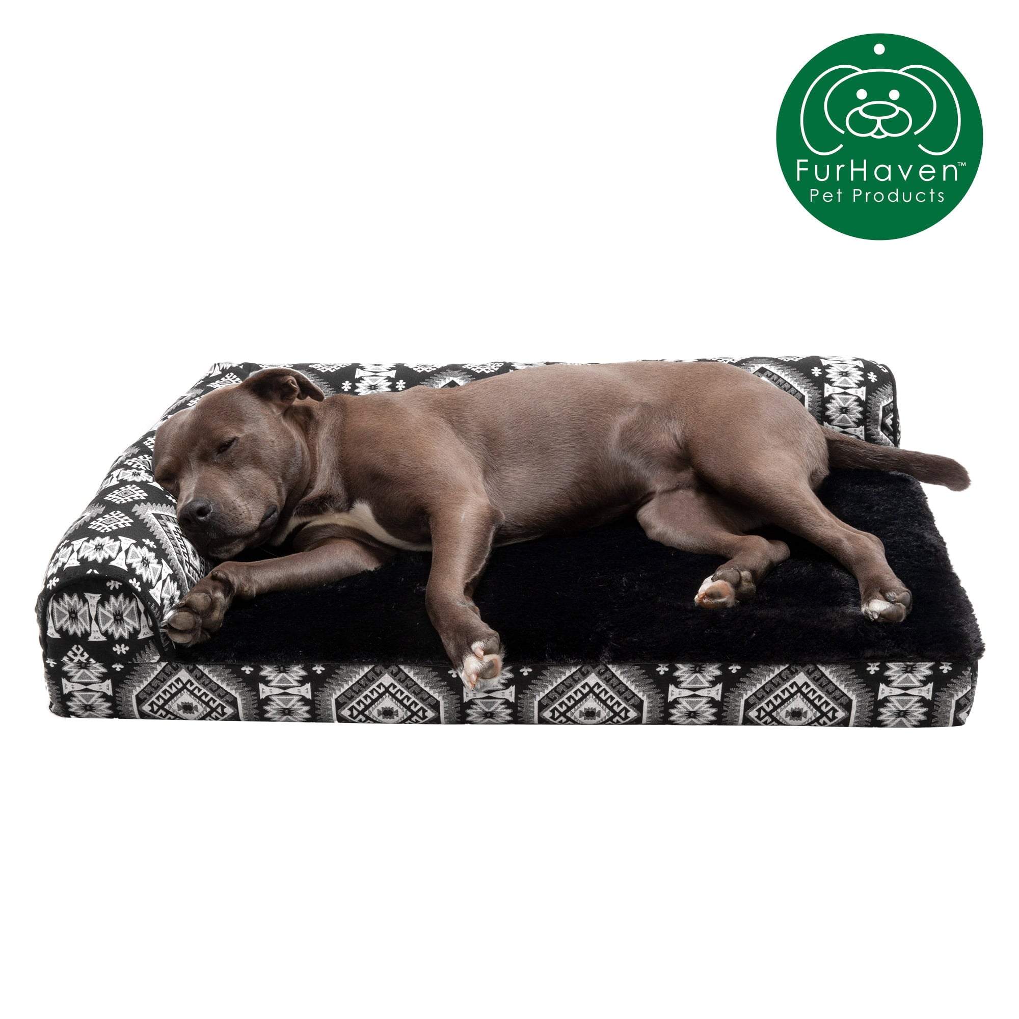 FurHaven | Deluxe Orthopedic Southwest Kilim L-Chaise Lounge Pet Bed for Dogs and Cats， Black Medallion， Large