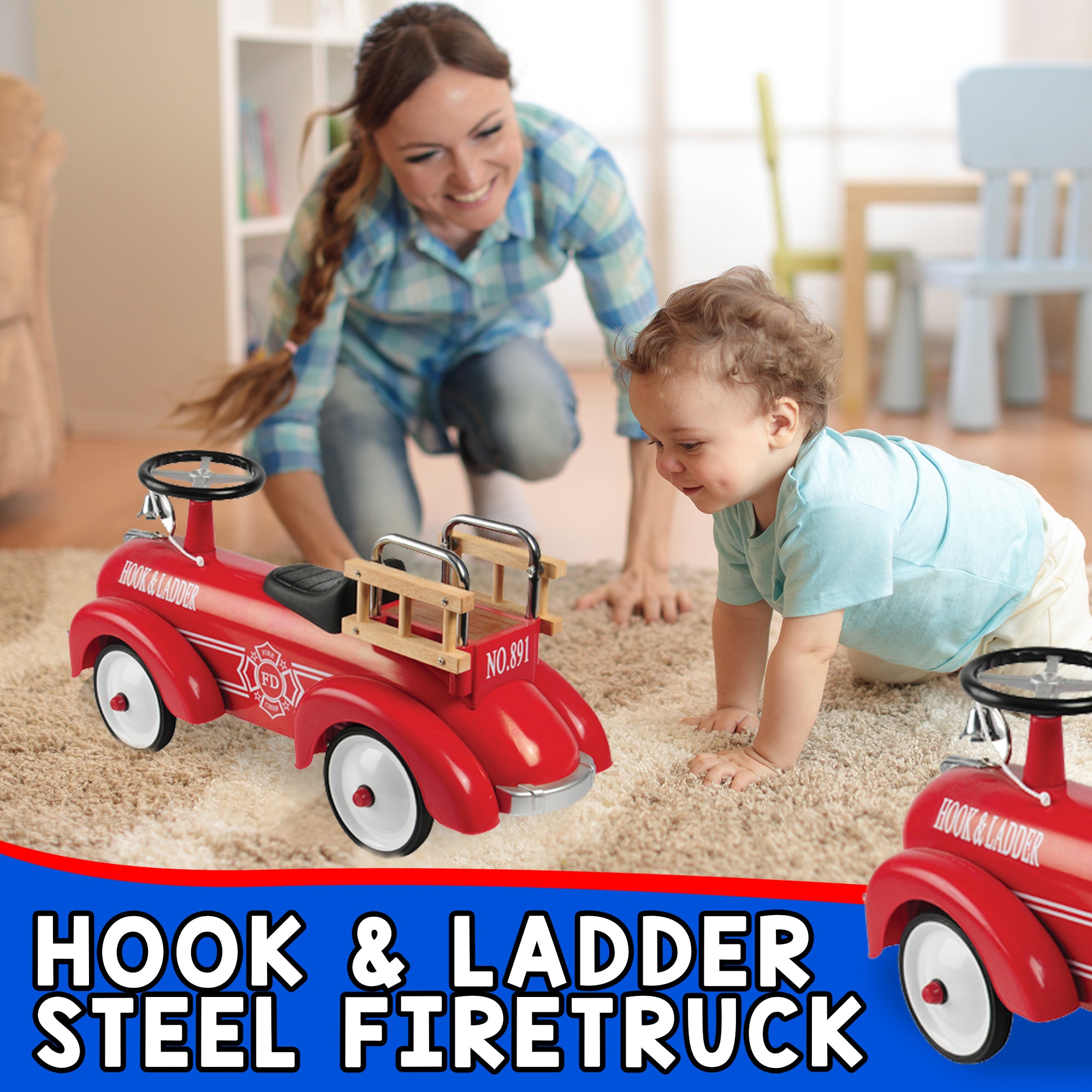 Constructive Playthings Kids Hook and Ladder Fire Truck Ride-On Car， Red，Unisex