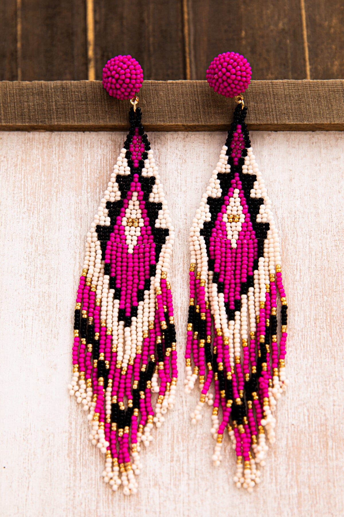 Fuchsia and Ivory Aztec Seed Bead Earrings