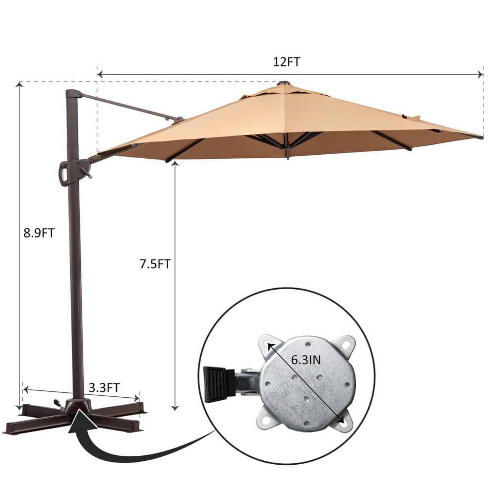 Pellebant 12 x 12 ft Round HeavyDuty Aluminum 360Degree Rotation Cantilever Patio Umbrella in Tan