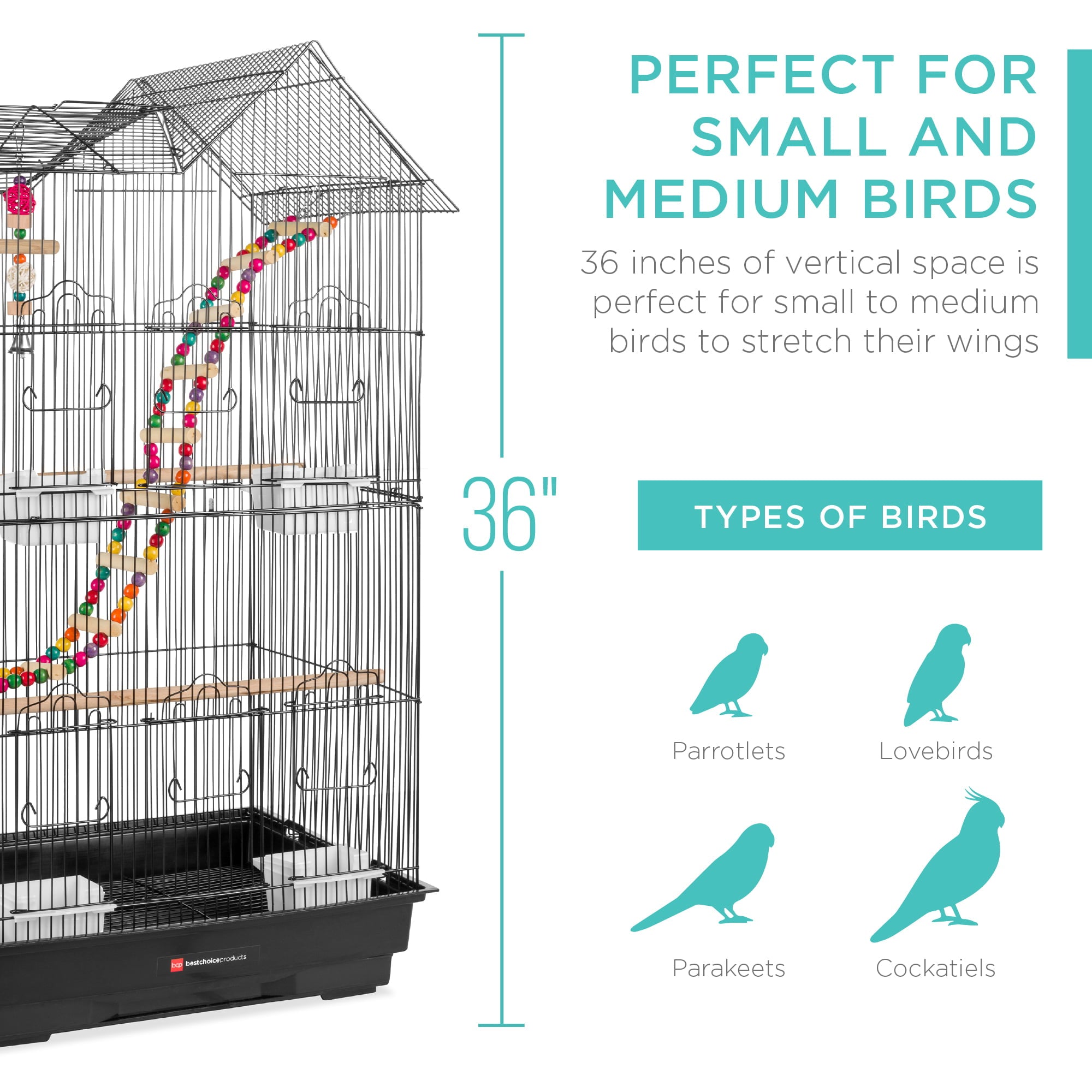Best Choice Products 36in Indoor/Outdoor Iron Bird Cage for Parrot， Lovebird w/ Removable Tray， 4 Feeders， 2 Toys