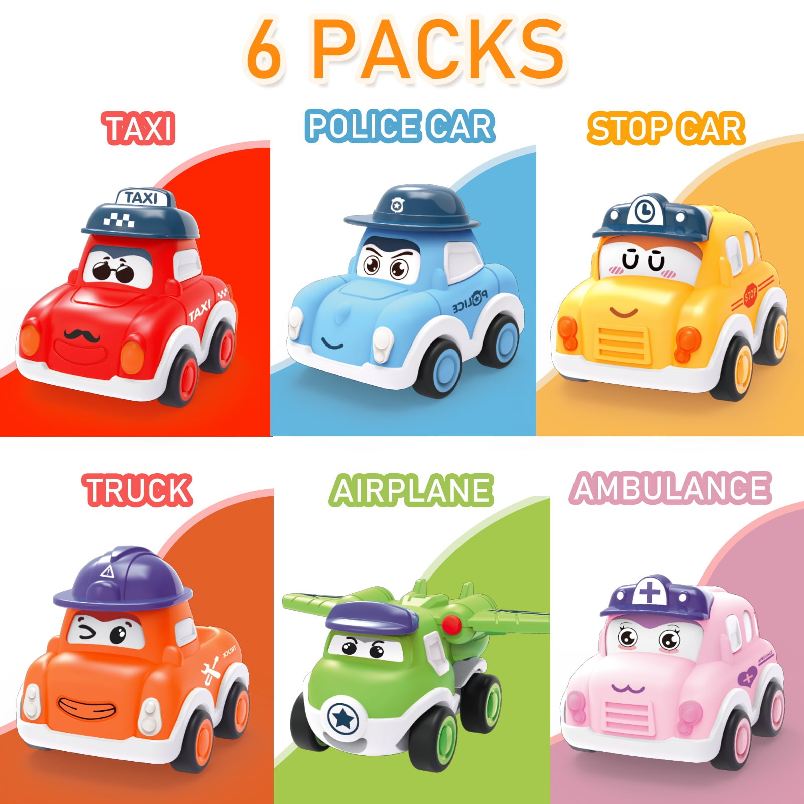 Pull Back Cars for Toddlers 1-3， Vehicles Toy for 1 Year Old Boy，6 Pieces Push and Go Mini Car Set with Playmat Storage Bag，Birthday Present for 1 Year Old Boy