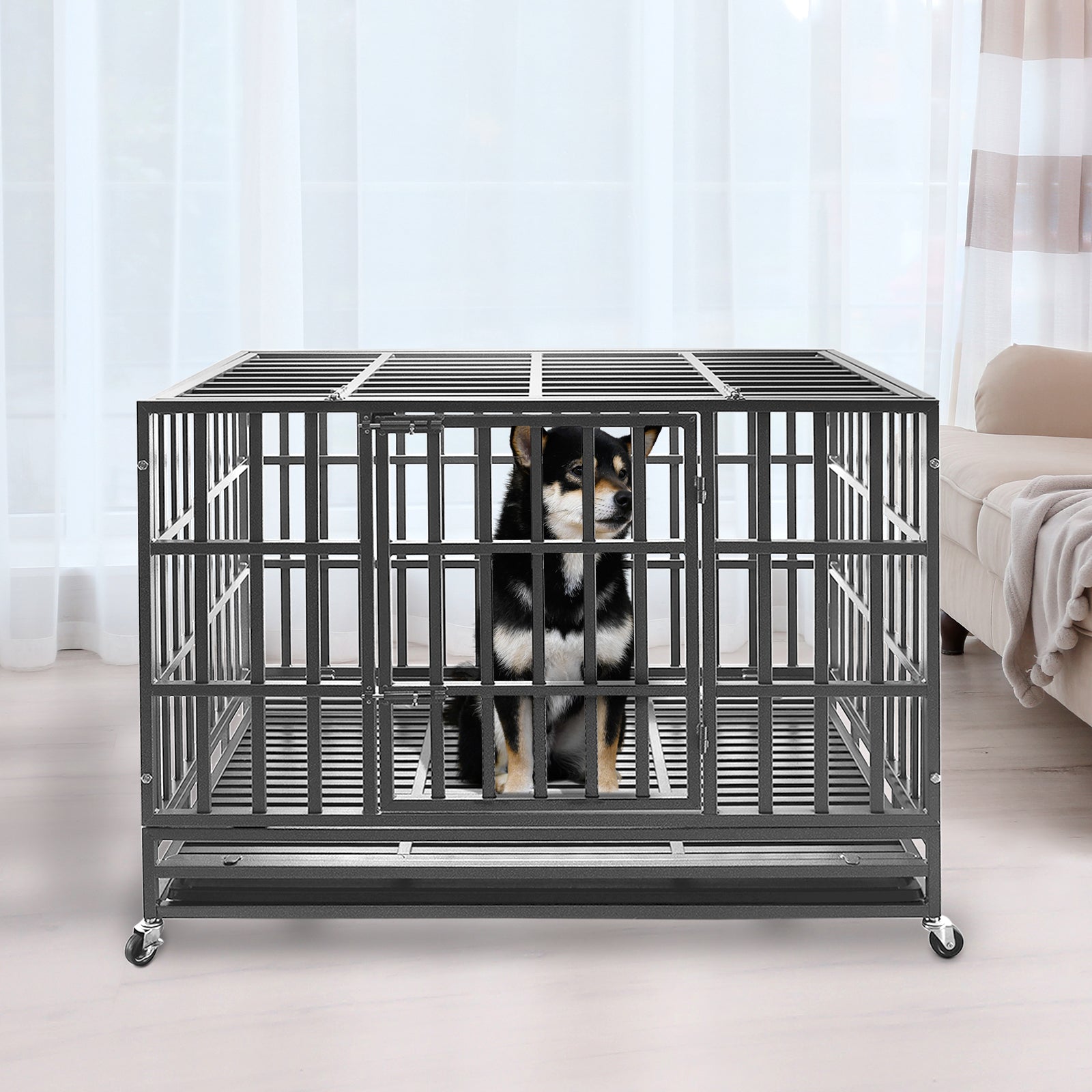 confote 47Inch Heavy Duty Dog Kennel Strong Metal Dog Cage Pet Crate for Medium and Large Dogs with Four Lockable wheels， Removeable Tray