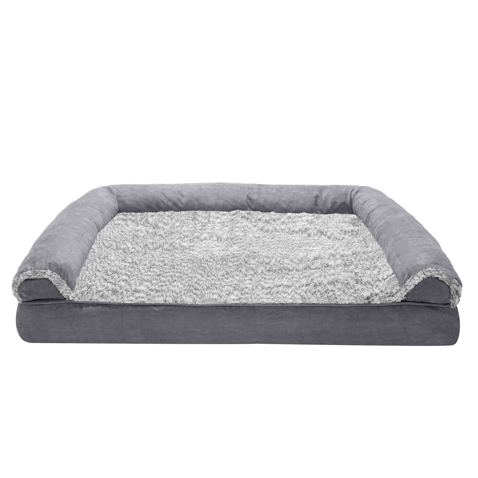 FurHaven Pet Products | Full Support Orthopedic Two-Tone Faux Fur and Suede Sofa Pet Bed for Dogs and Cats - Stone Gray， Jumbo