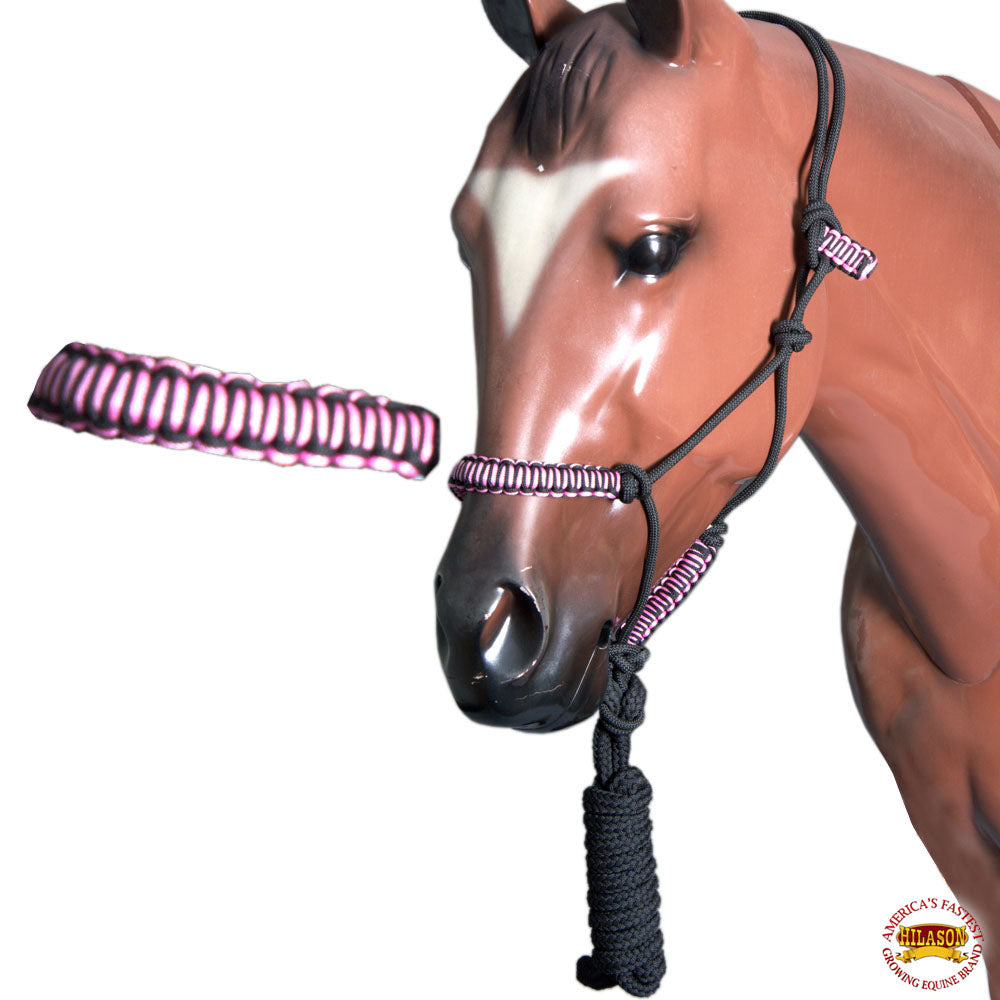 83BH Hilason Horse Poly Rope Tied Adjustable Halter 8 Ft Lead Rope Black Pink
