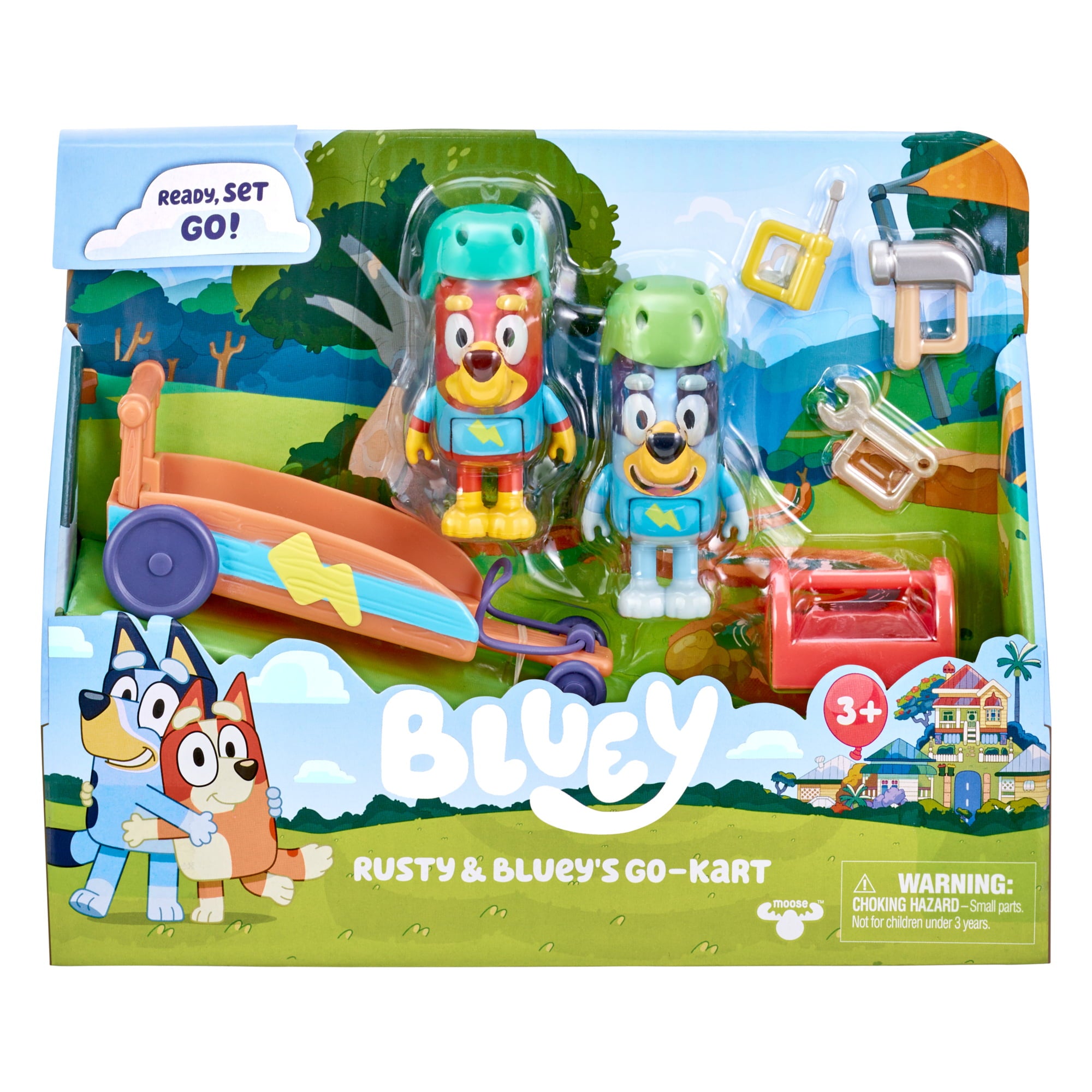 Bluey， Rusty and Bluey's Go-Kart Vehicle and Figures Pack， 2.5-3 inch Figures and Accessories， Preschool， Ages 3+